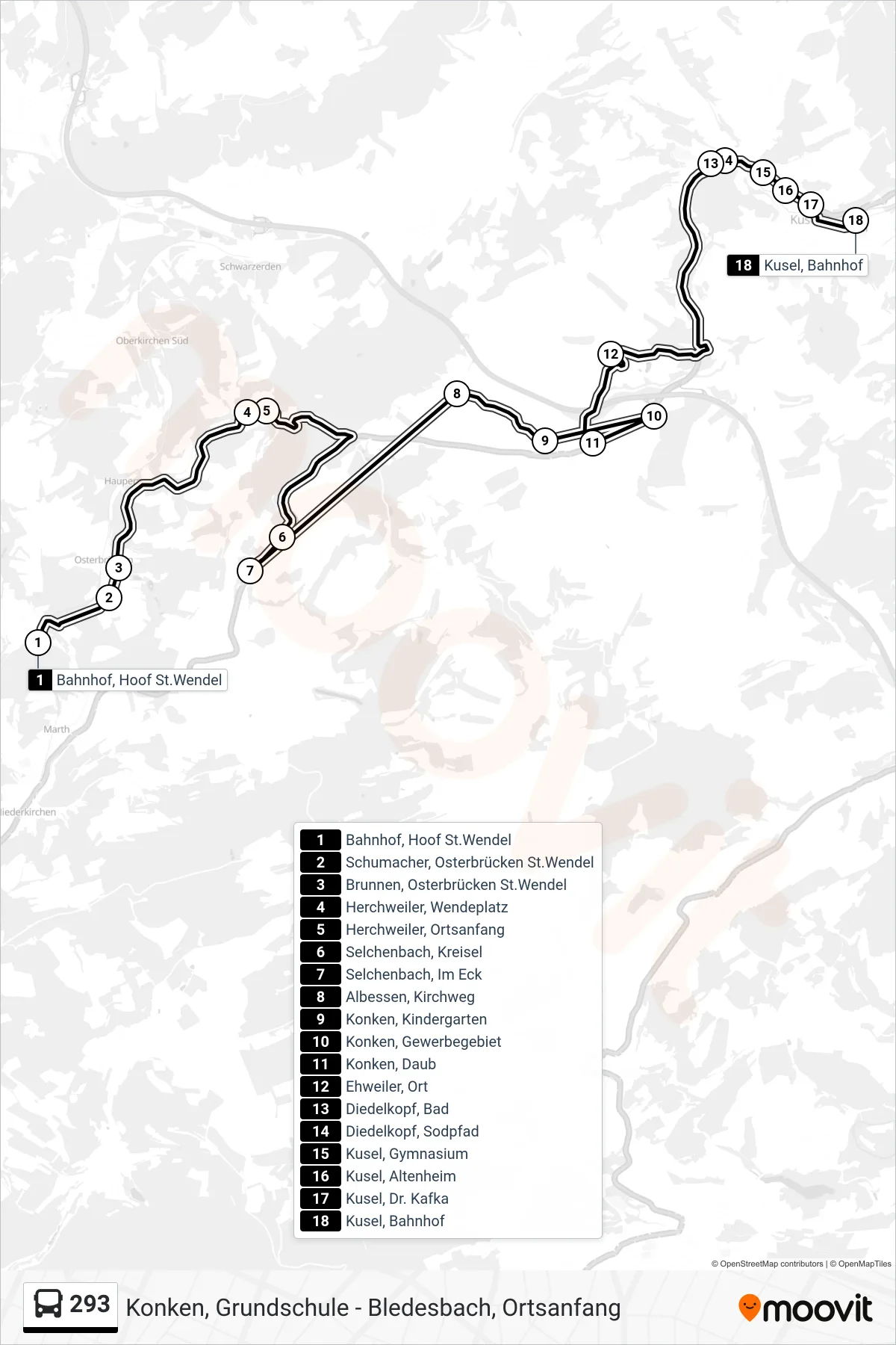 293 bus Line (Kusel, Bahnhof) route and stops on a map