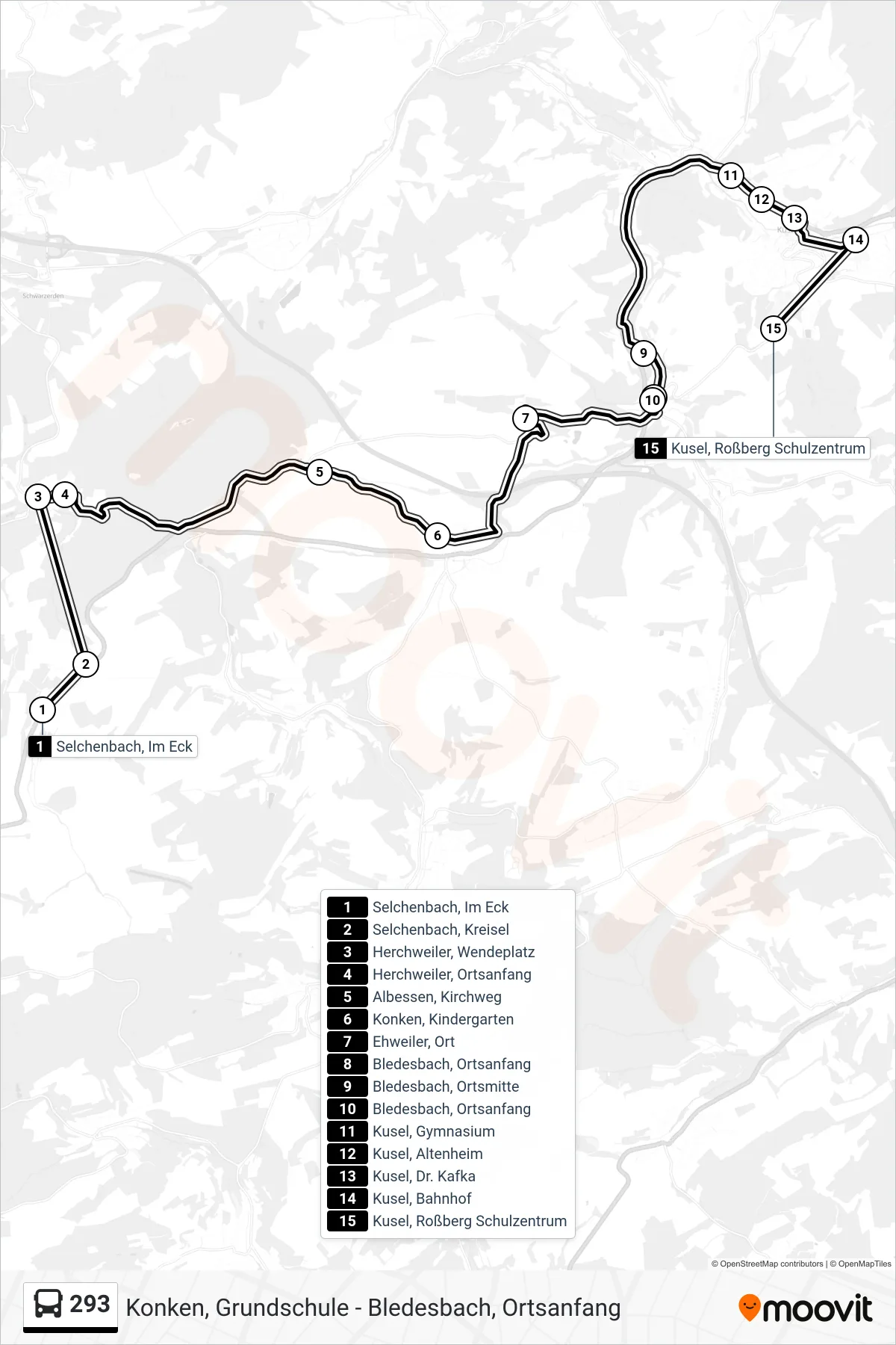 293 bus Line (Kusel, Roßberg Schulzentrum) route and stops on a map