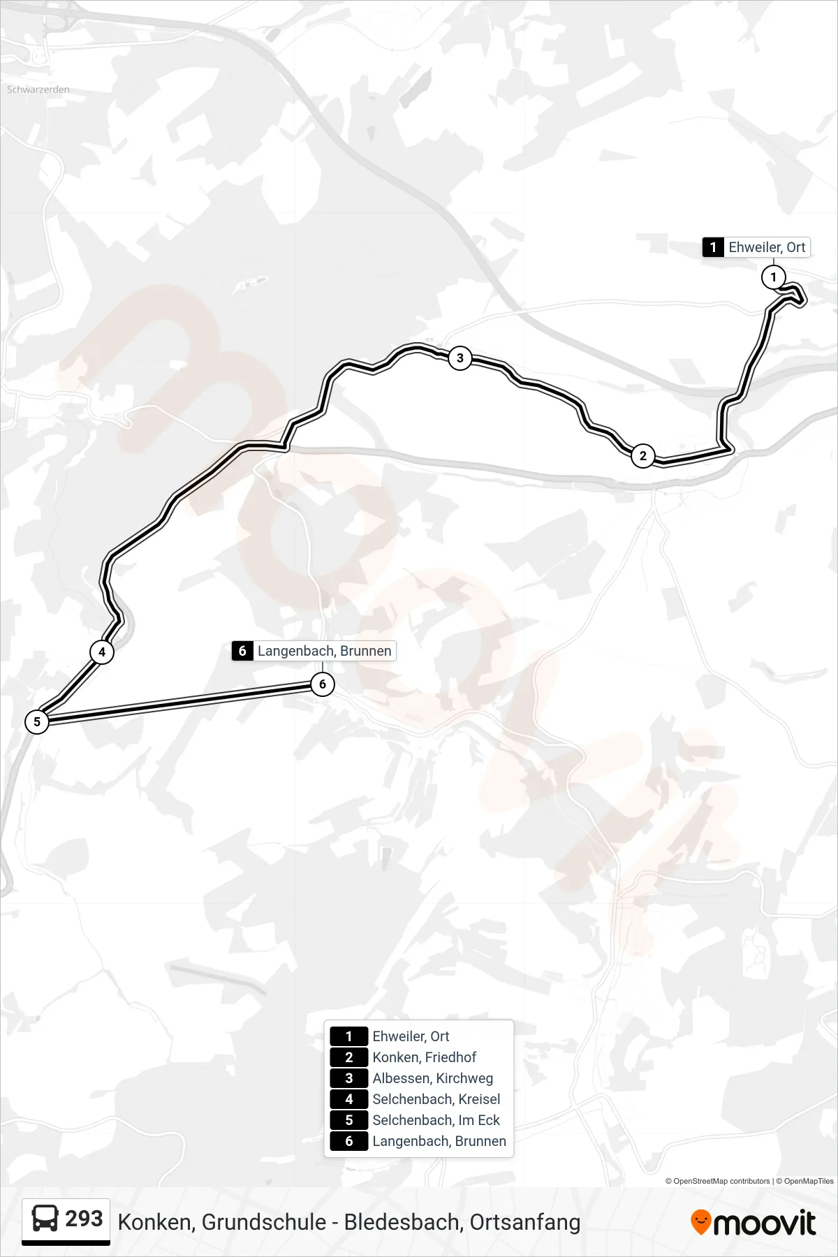 293 bus Line (Langenbach, Brunnen) route and stops on a map