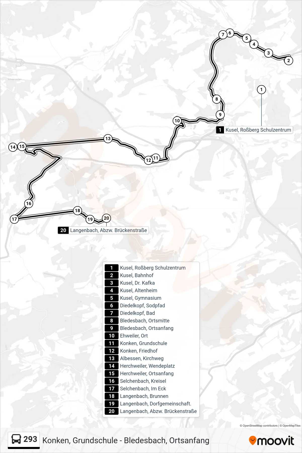293 bus Line (Langenbach, Abzw. Brückenstraße) route and stops on a map