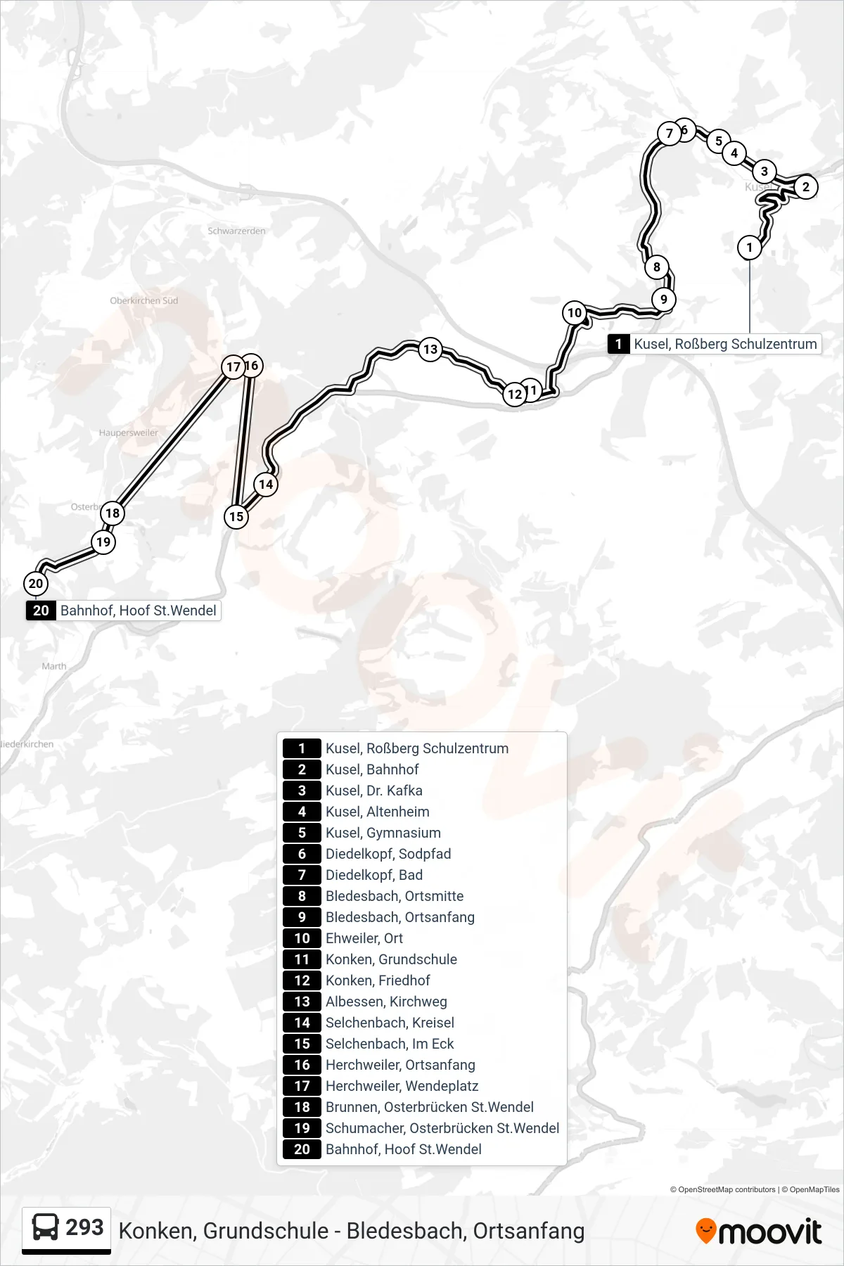 293 bus Line (Bahnhof, Hoof St.Wendel) route and stops on a map