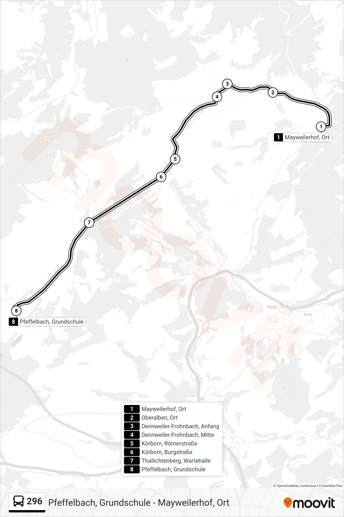 296 bus Line (Pfeffelbach, Grundschule) route and stops on a map
