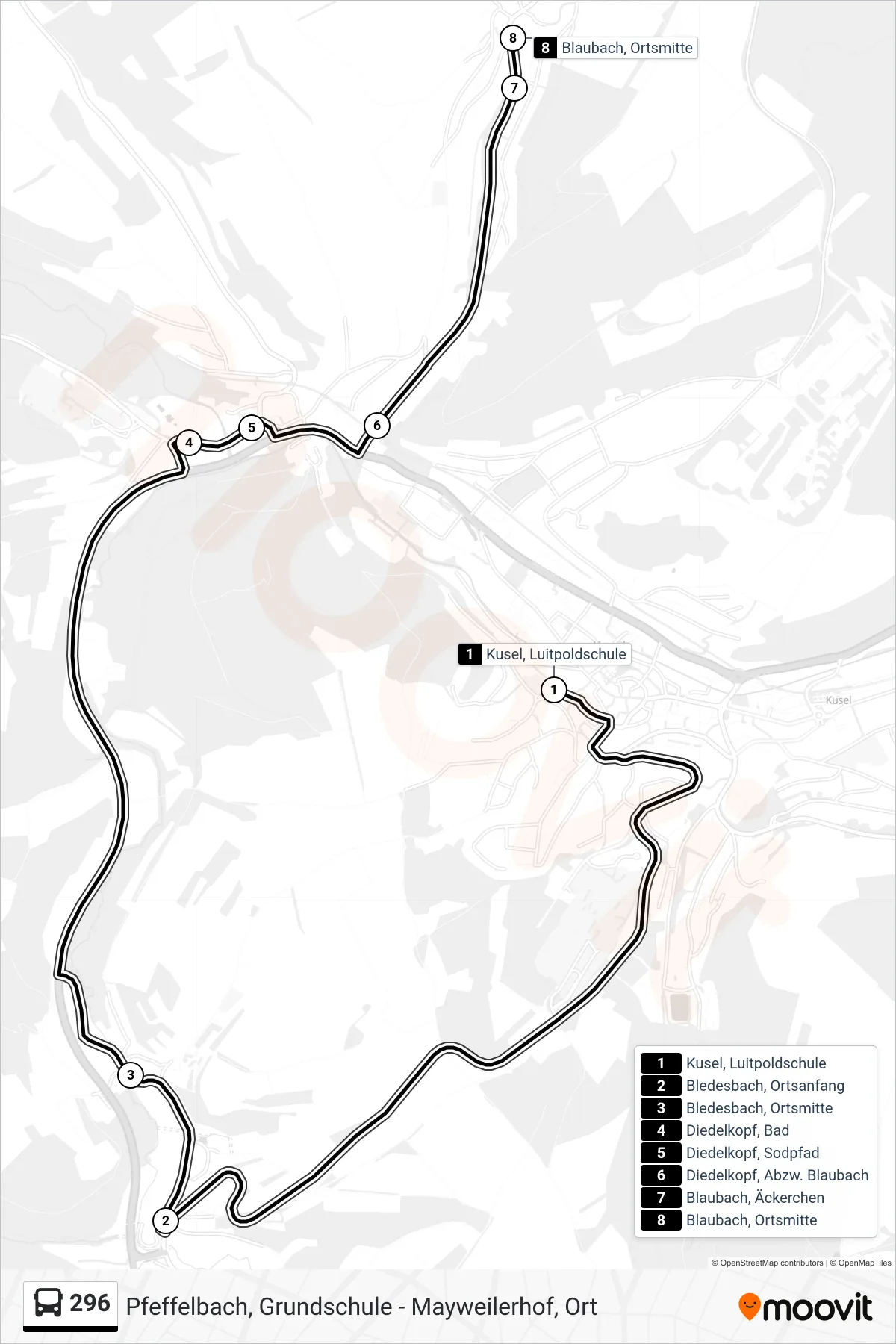 296 bus Line (Blaubach, Ortsmitte) route and stops on a map