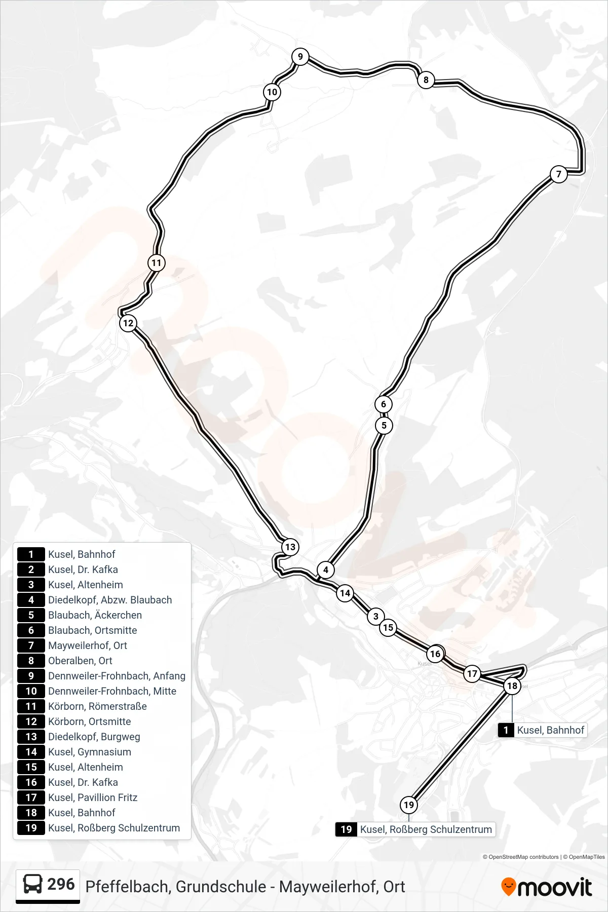 296 bus Line (Kusel, Roßberg Schulzentrum) route and stops on a map