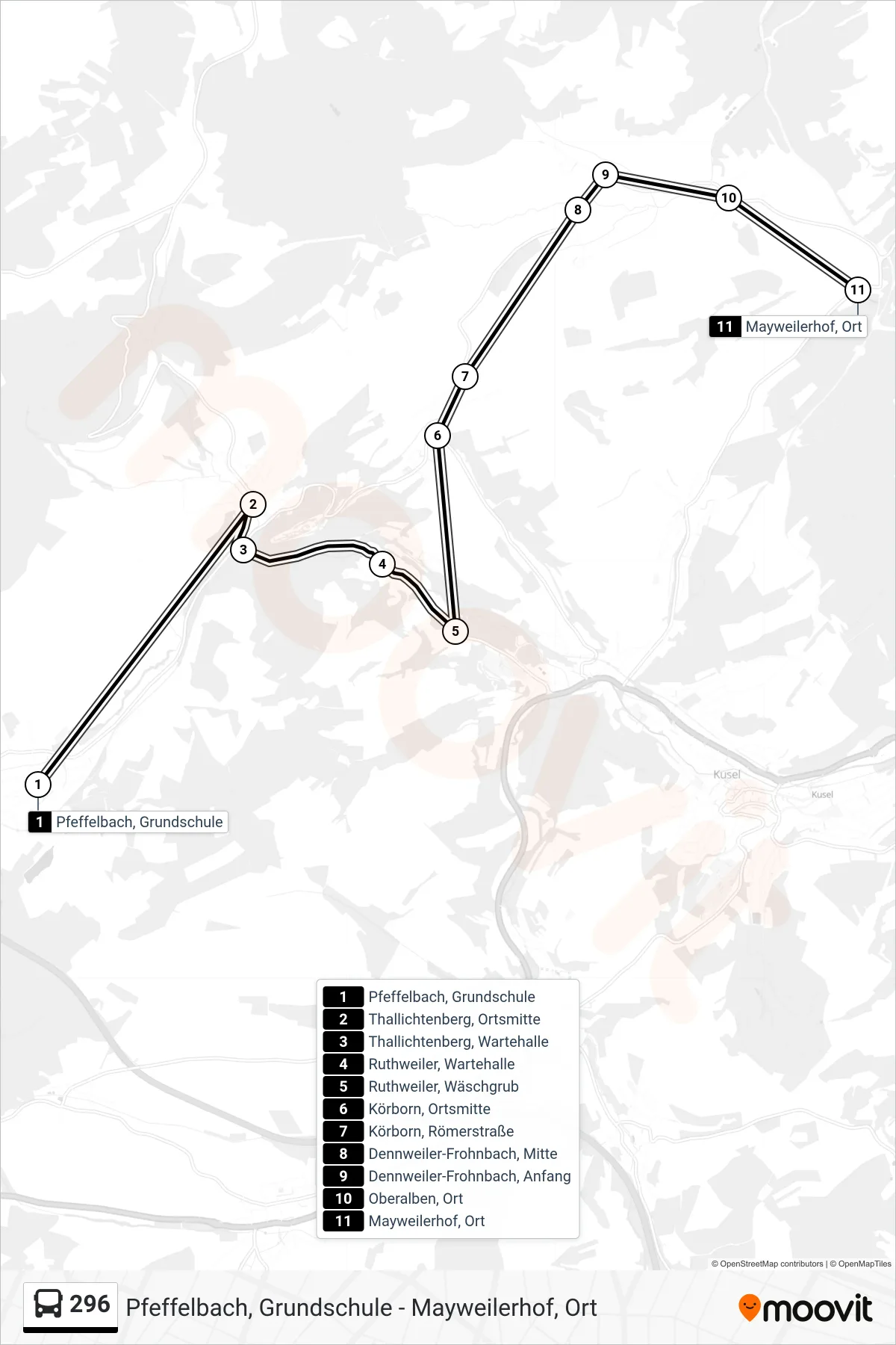 296 bus Line (Mayweilerhof, Ort) route and stops on a map