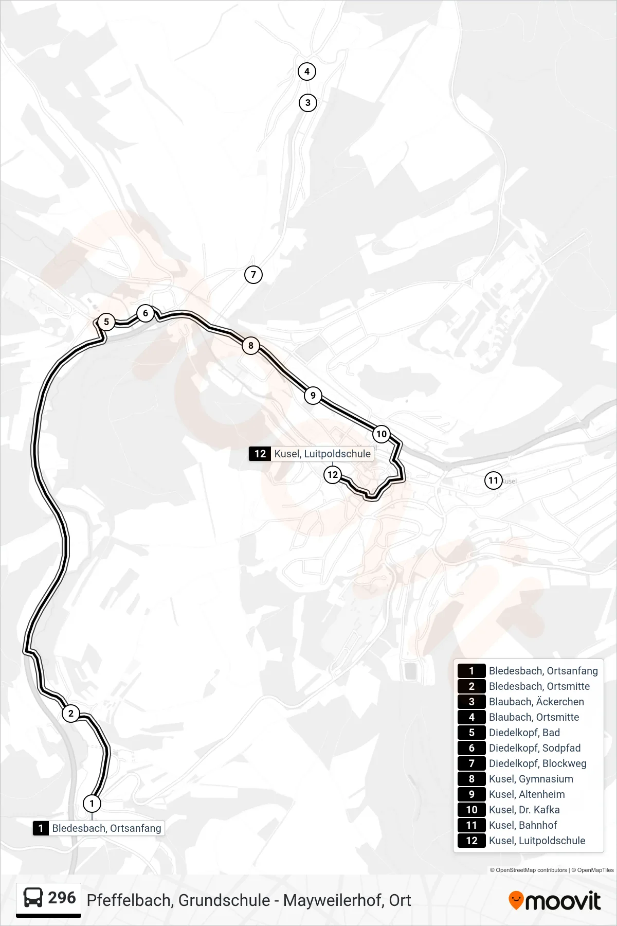 296 bus Line (Kusel, Luitpoldschule) route and stops on a map