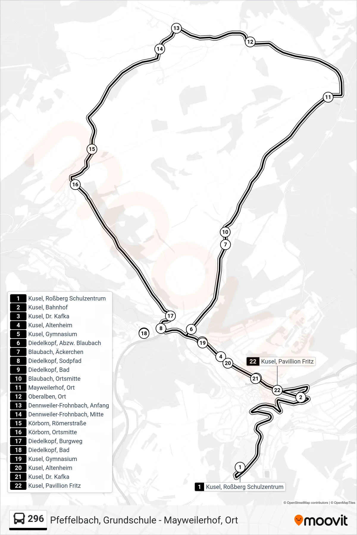 Linie 296 (Bus) Richtung Kusel, Bahnhof: Route und Haltestellen auf der Karte