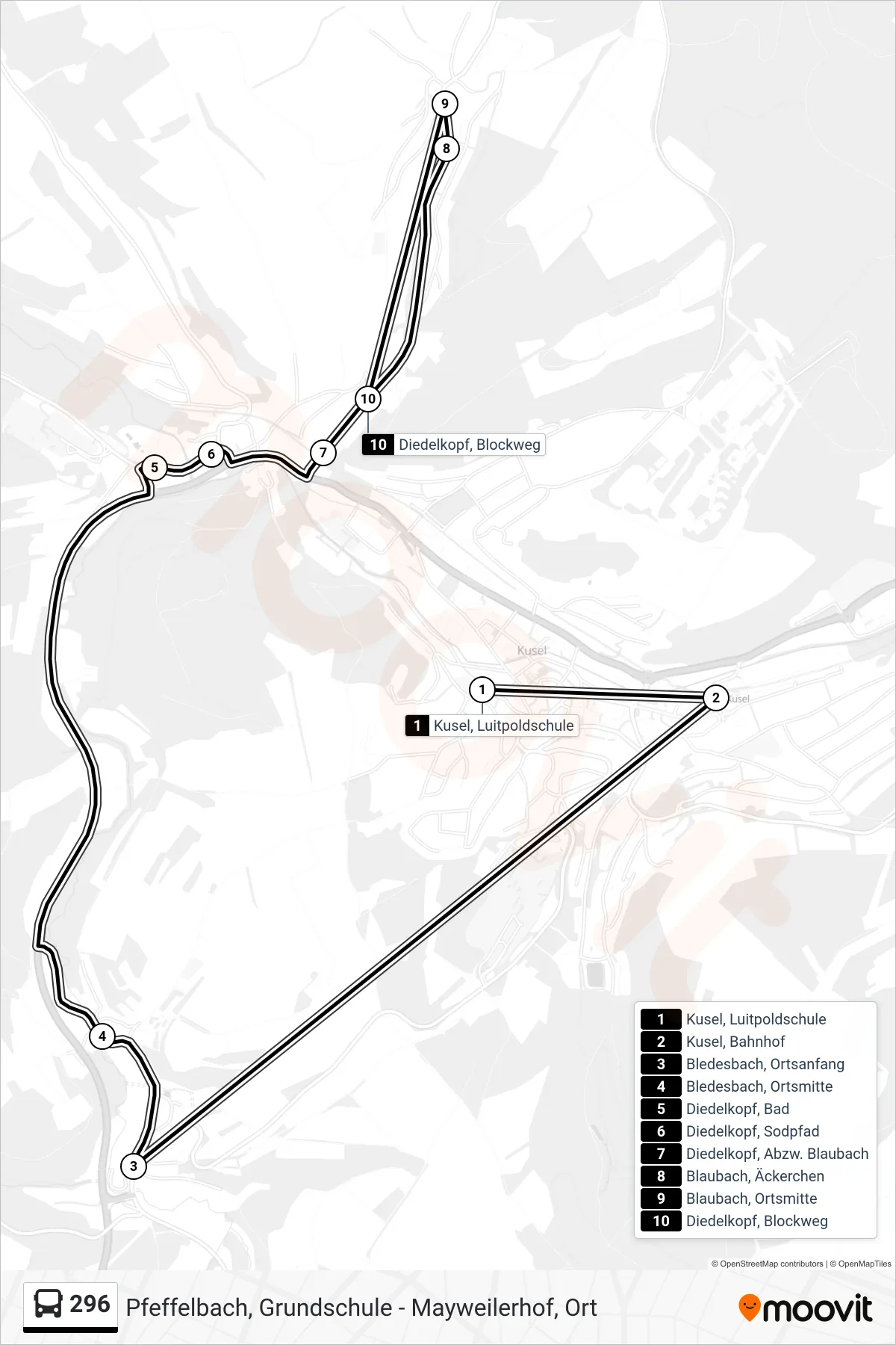 296 bus Line (Diedelkopf, Blockweg) route and stops on a map