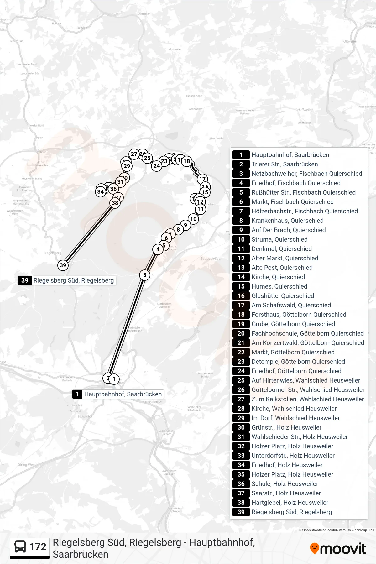 172 bus Line (Riegelsberg Süd Über Wahlschied) route and stops on a map