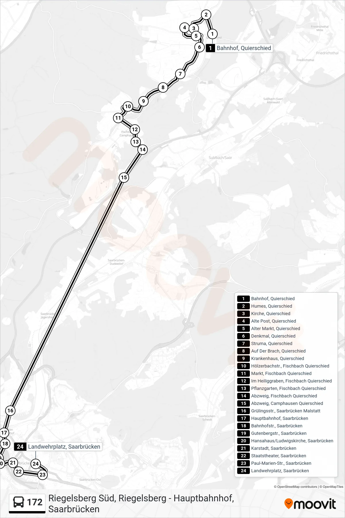 172 bus Line (Saarbrücken Landwehrplatz Über Abzw. Fischbach) route and stops on a map