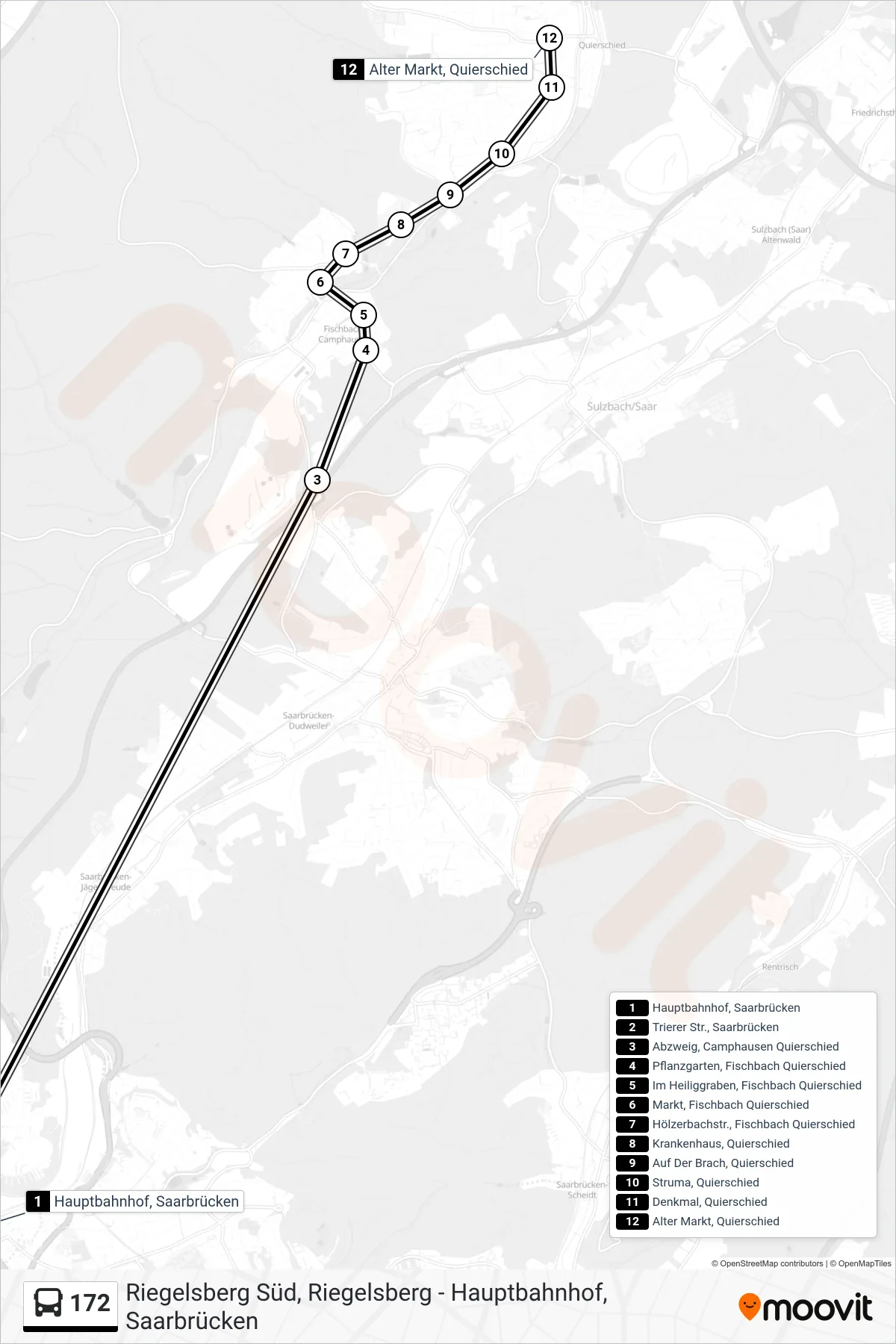 172 bus Line (Quierschied Alter Markt Über Fischbach) route and stops on a map
