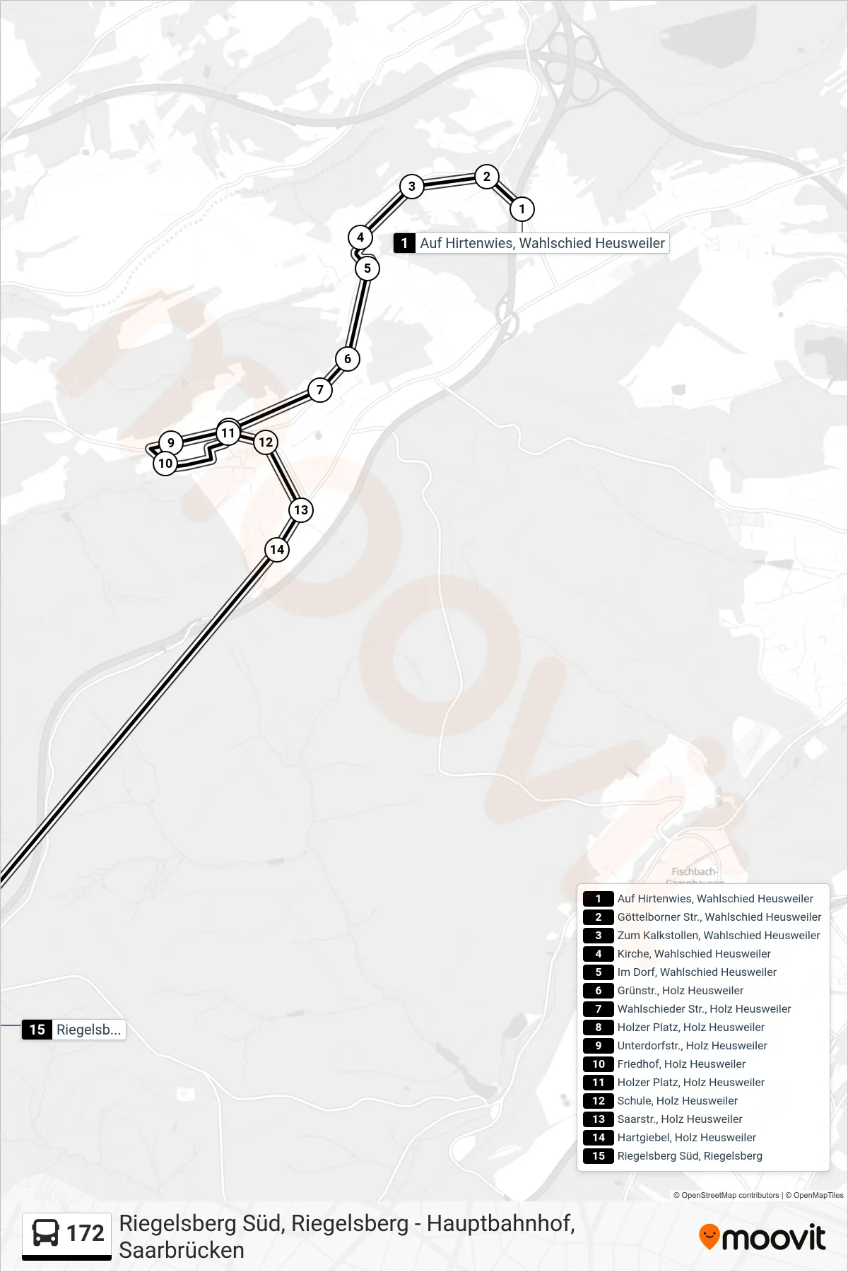 172 bus Line (Riegelsberg Süd Über Holz Friedhof) route and stops on a map