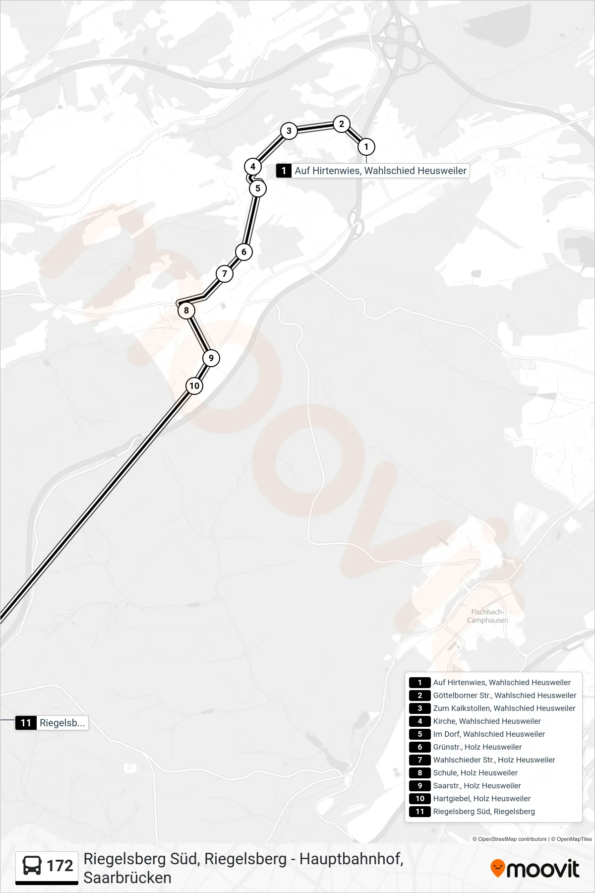 172 bus Line (Riegelsberg Süd Über Holz) route and stops on a map