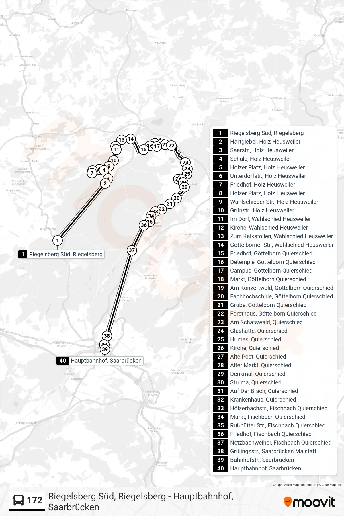172 bus Line (Saarbrücken Hbf. Über Quierschied) route and stops on a map