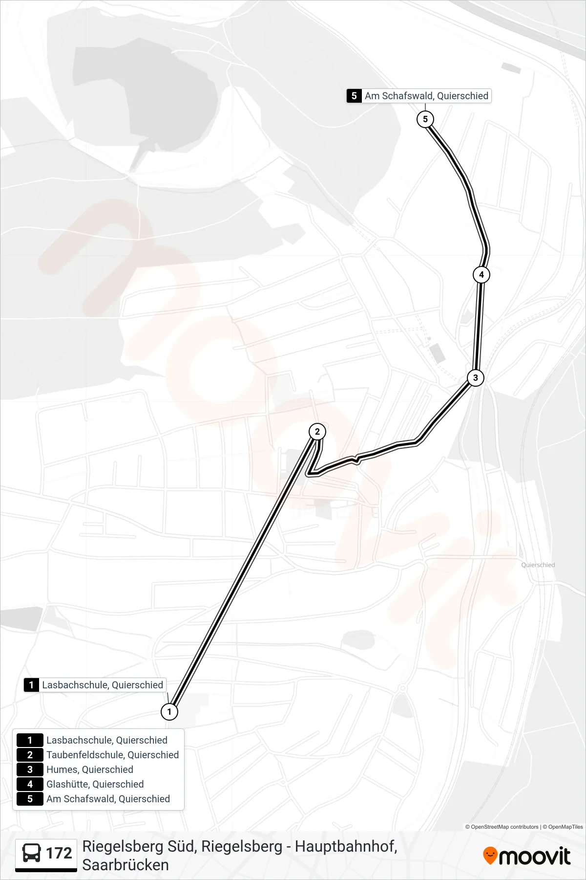 172 bus Line (Quierschied am Schafswald) route and stops on a map
