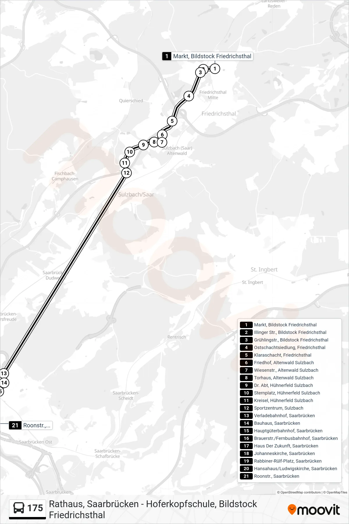 175 bus Line (Roonstraße) route and stops on a map