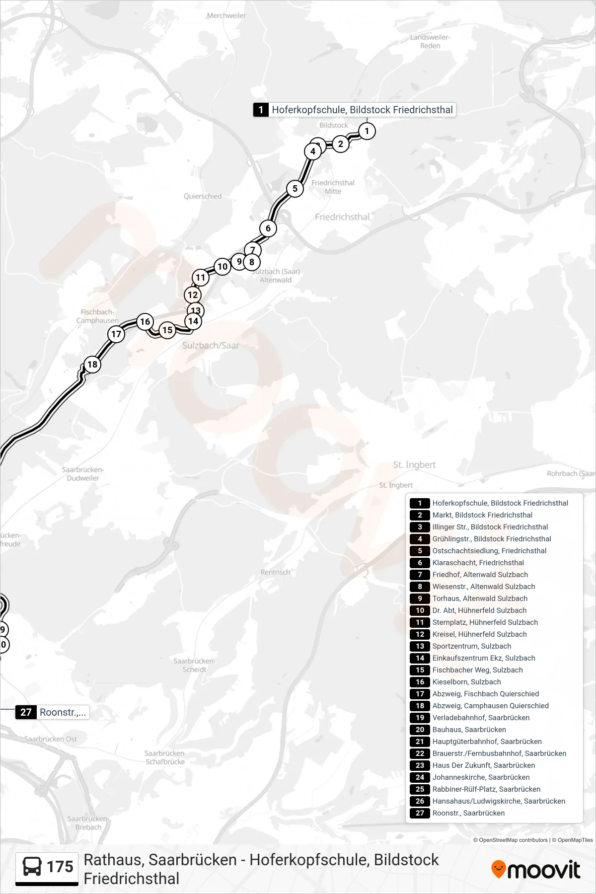 175 bus Line (Roonstraße Über Camphausen) route and stops on a map