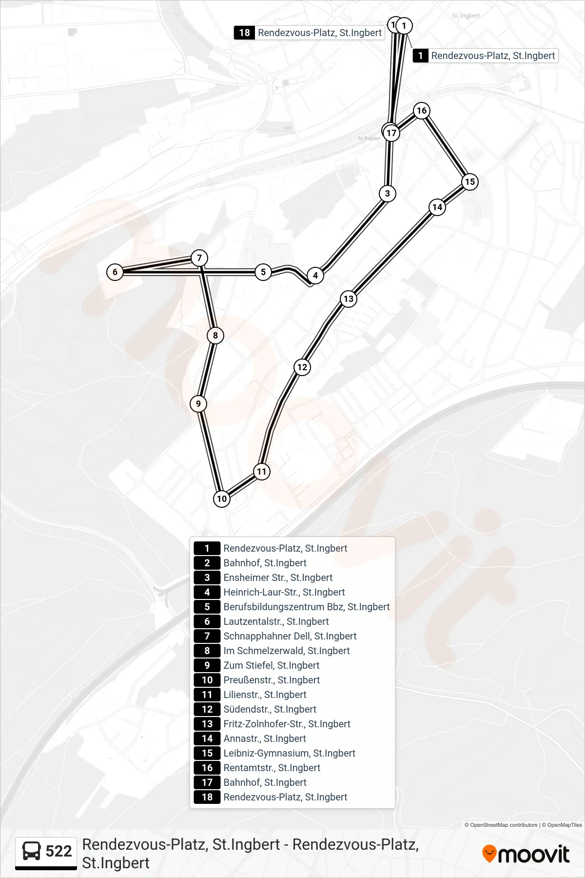 522 bus Line (Rendezvous-Platz, St.Ingbert) route and stops on a map