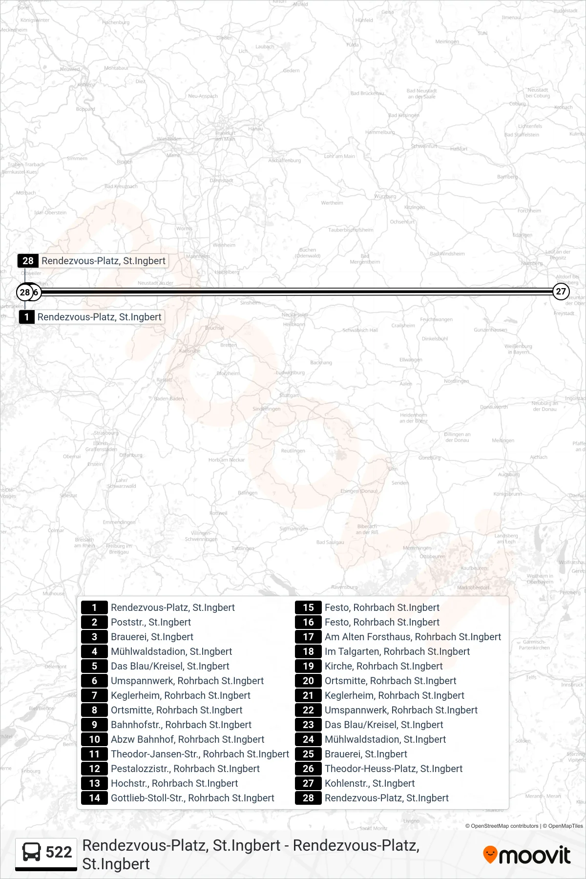 522 bus Line (Rendezvous-Platz, St.Ingbert) route and stops on a map