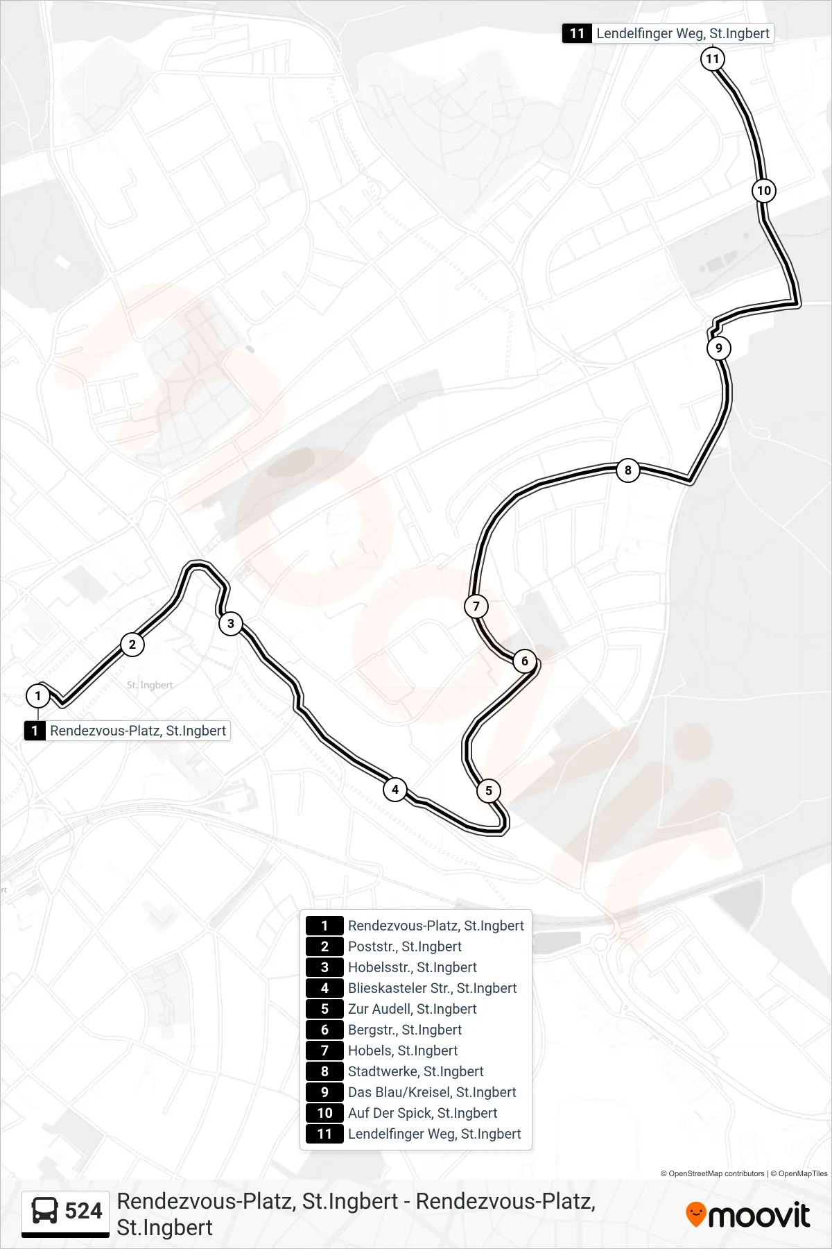 524 bus Line (Lendelfinger Weg Über Hobels) route and stops on a map