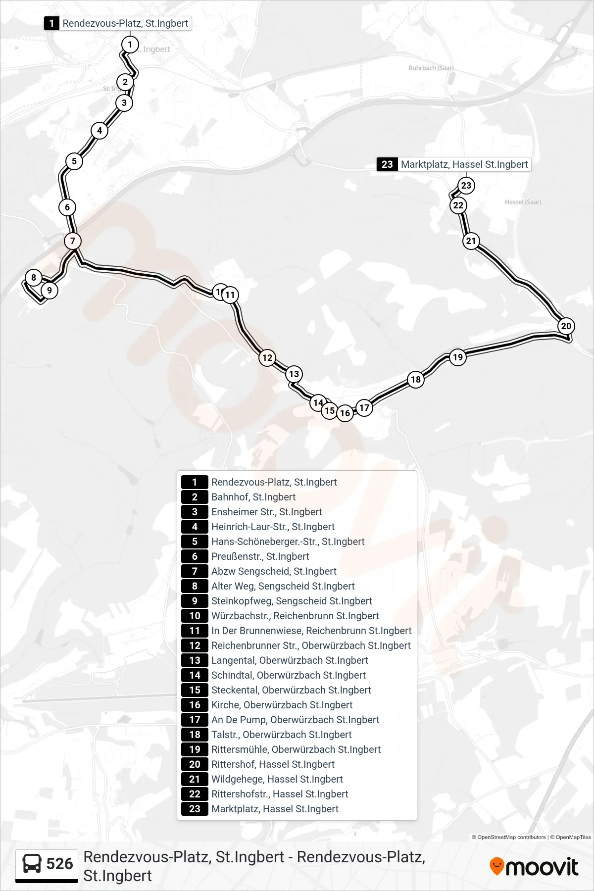 526 bus Line (Oberwürzbach - Hassel) route and stops on a map