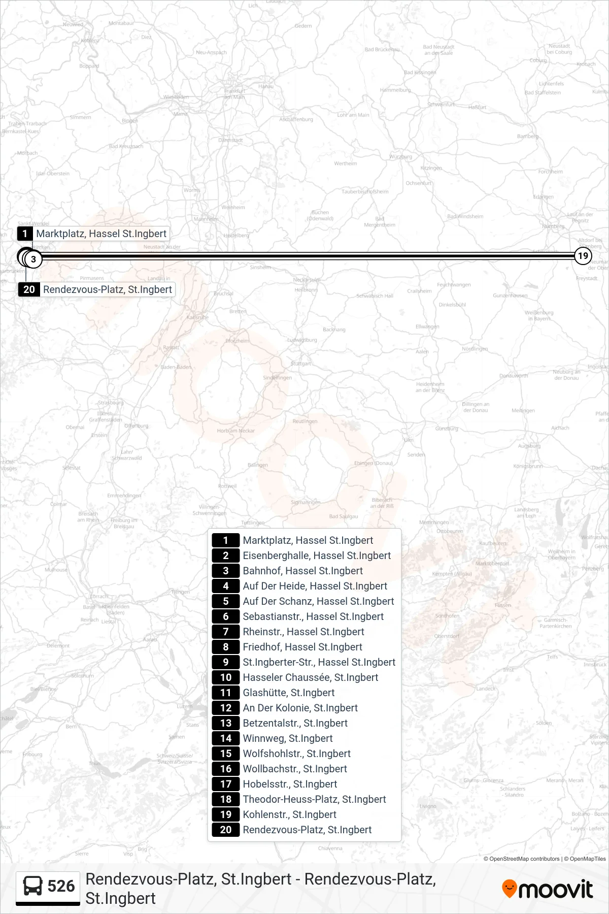 526 bus Line (Rendezvous-Platz) route and stops on a map