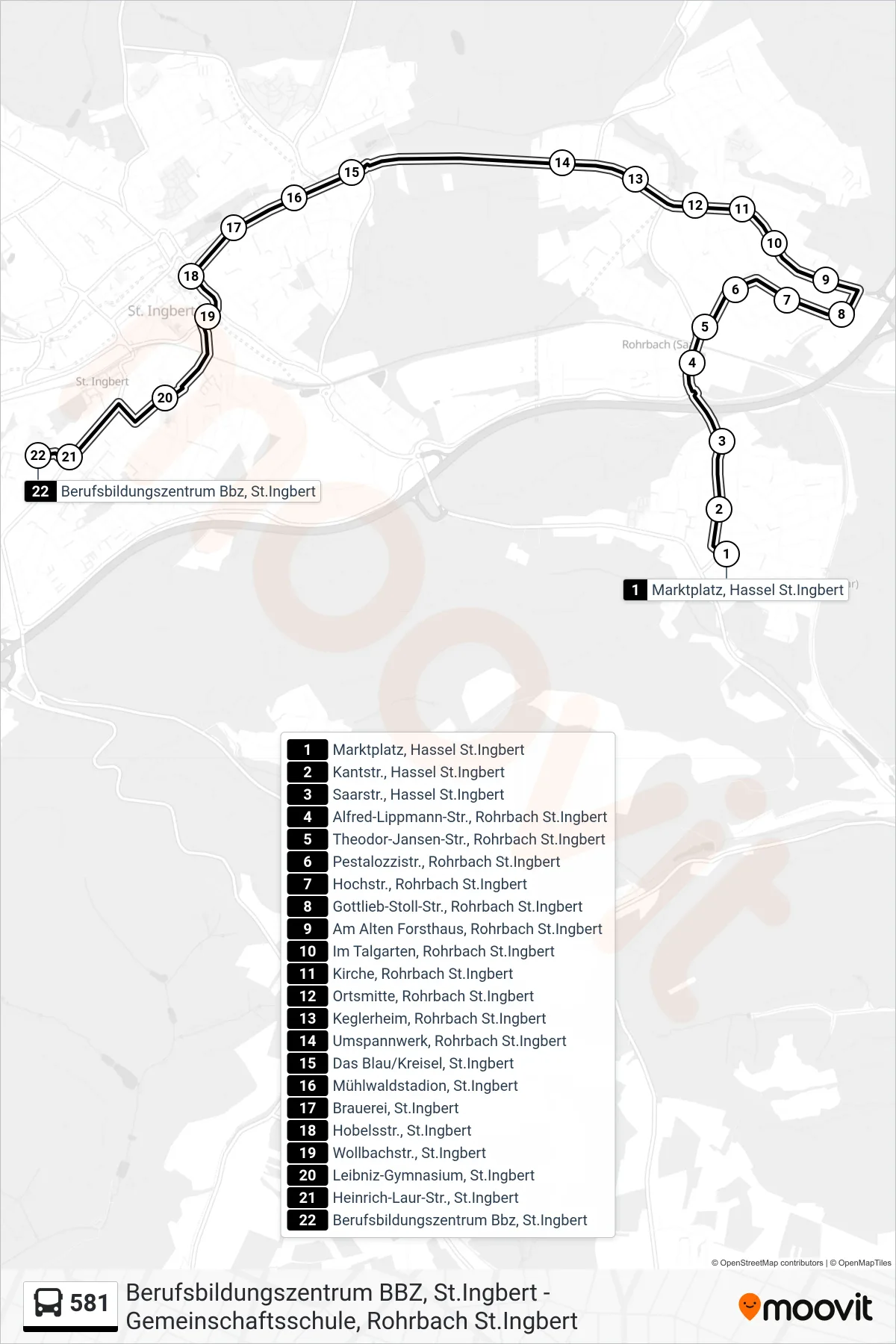 581 bus Line (Berufsbildungszentrum Bbz, St.Ingbert) route and stops on a map