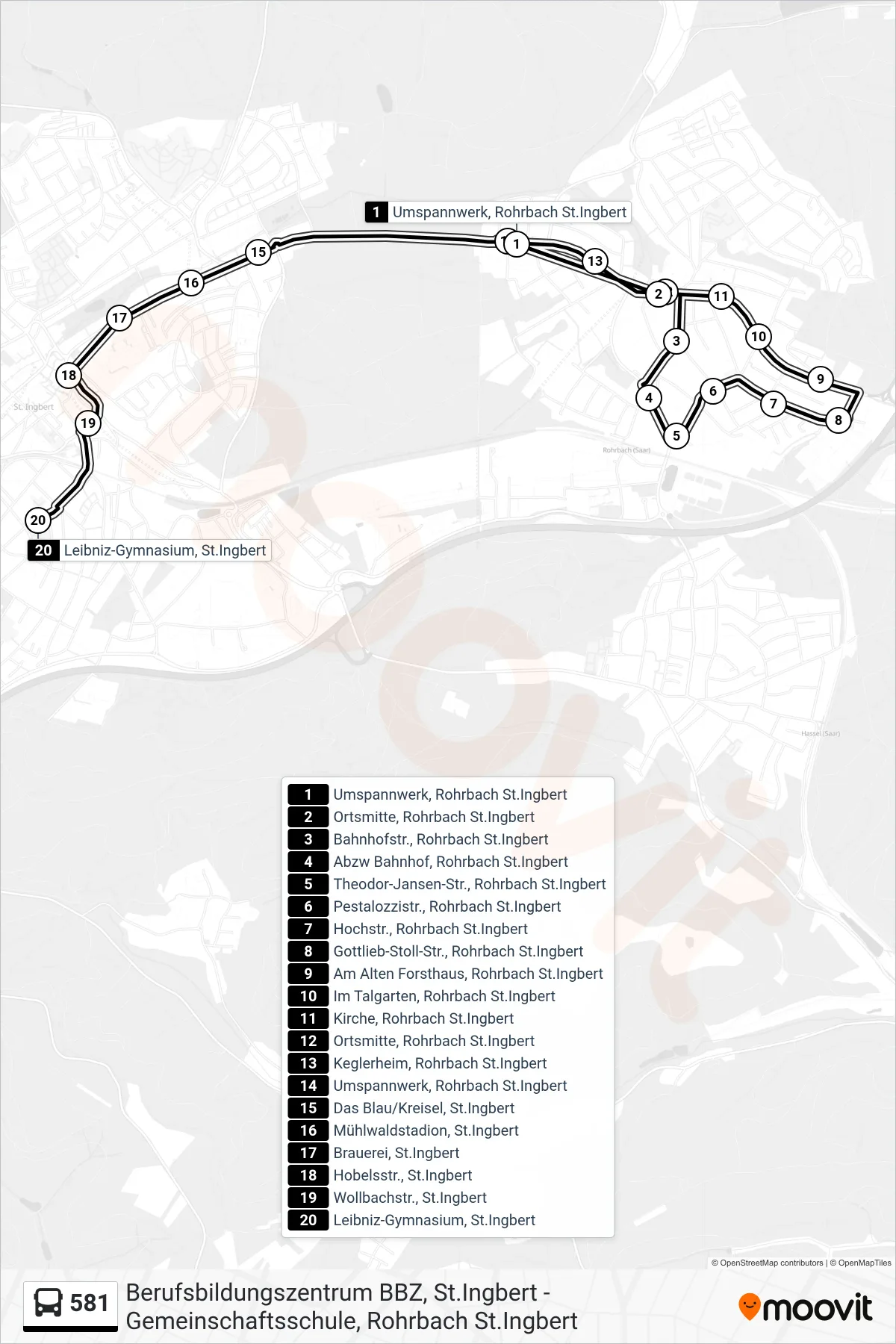 581 bus Line (Leibniz-Gymnasium St.Ingbert) route and stops on a map