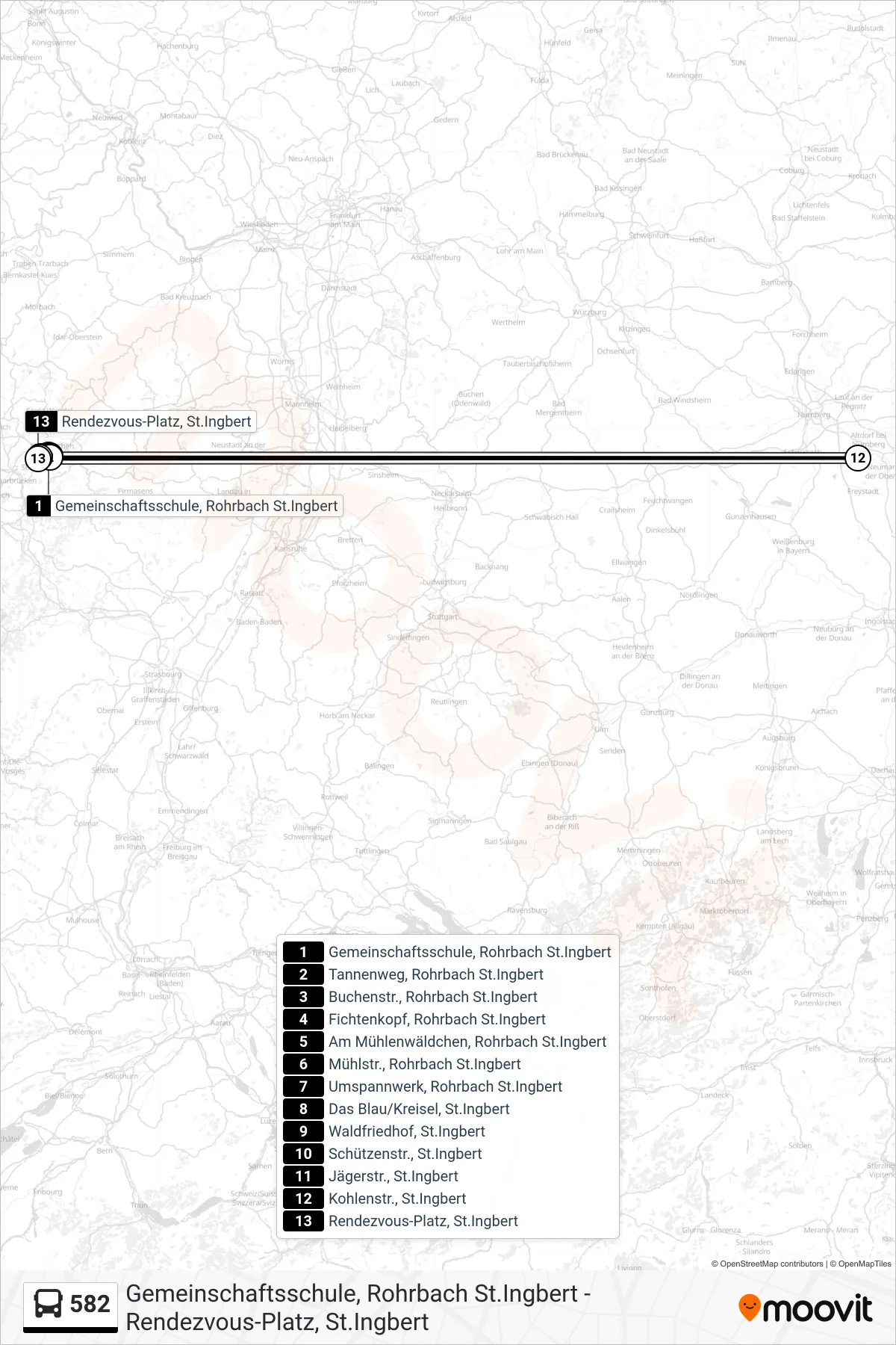582 bus Line (St. Ingbert Rendezvous-Platz) route and stops on a map
