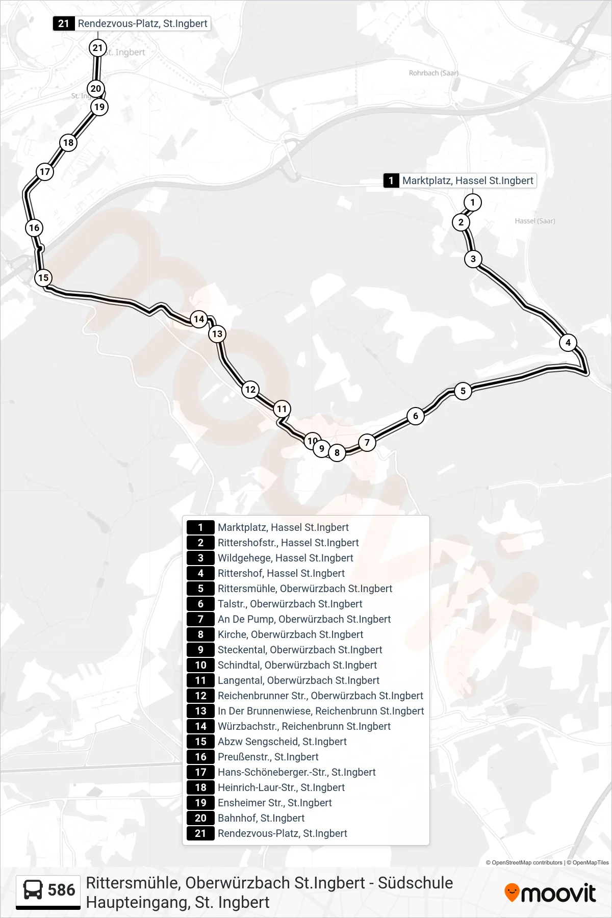 Linie 586 (Bus) Richtung Rendezvous-Platz, St.Ingbert: Route und Haltestellen auf der Karte