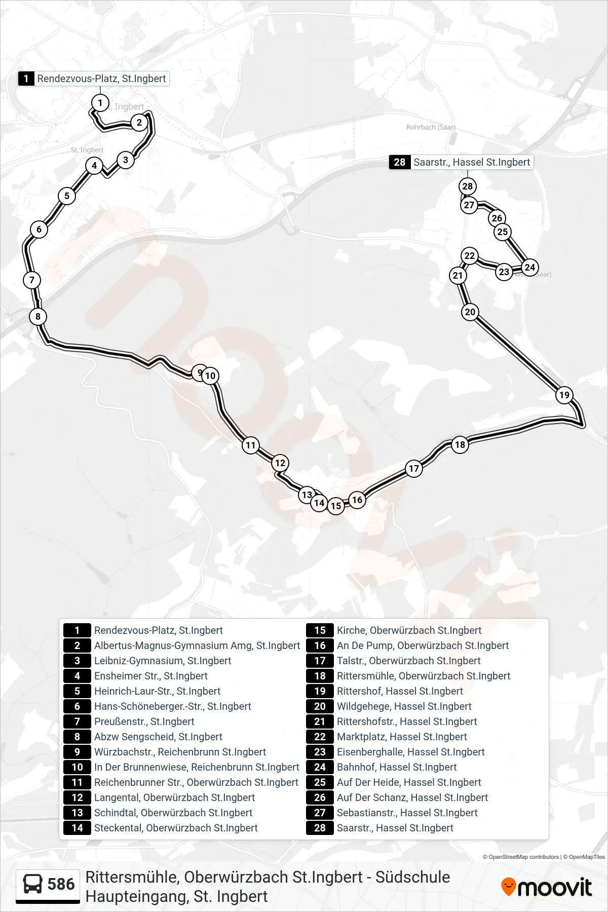 586 bus Line (Saarstr. Hassel) route and stops on a map