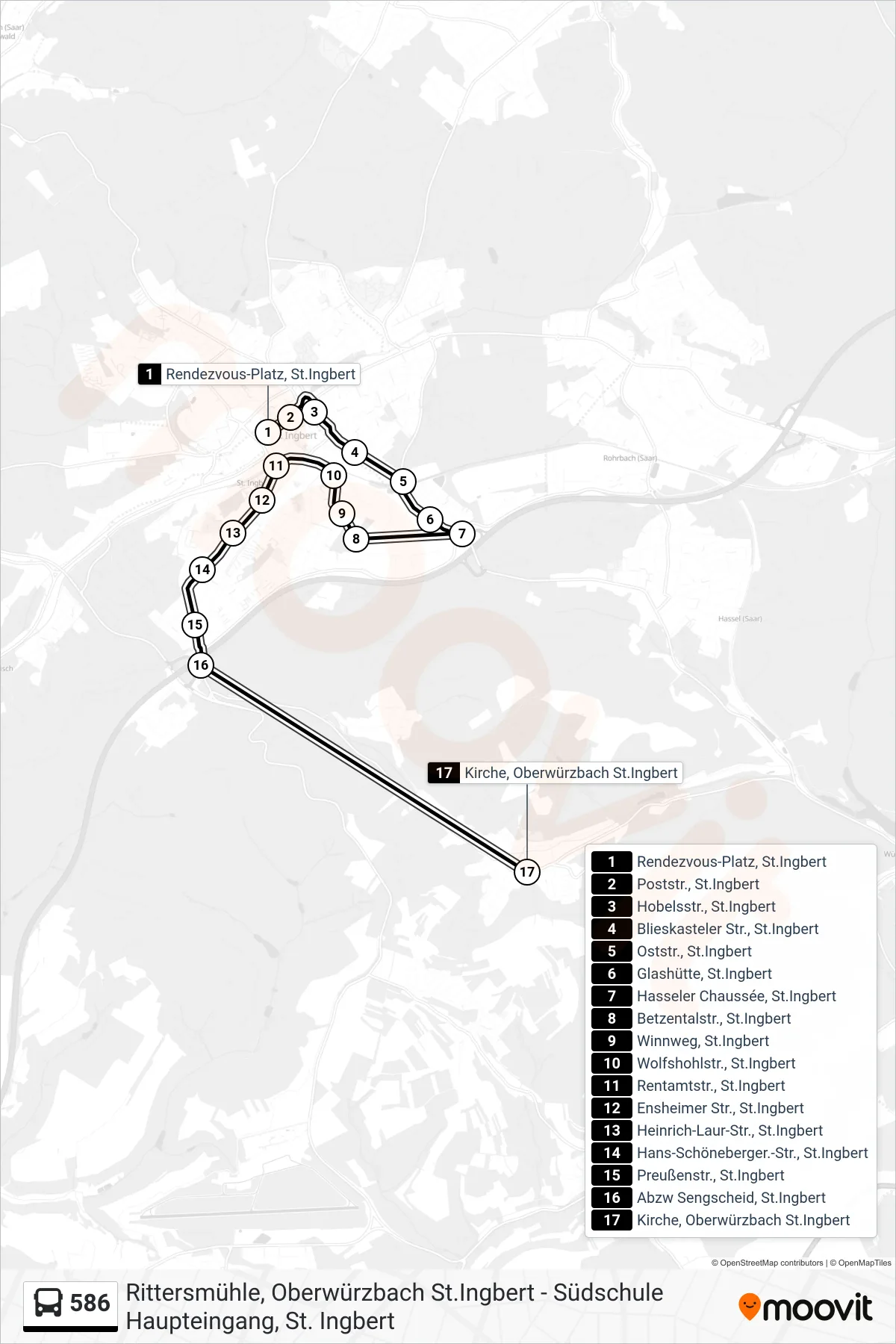 586 bus Line (Oberwürzbach Kirche) route and stops on a map