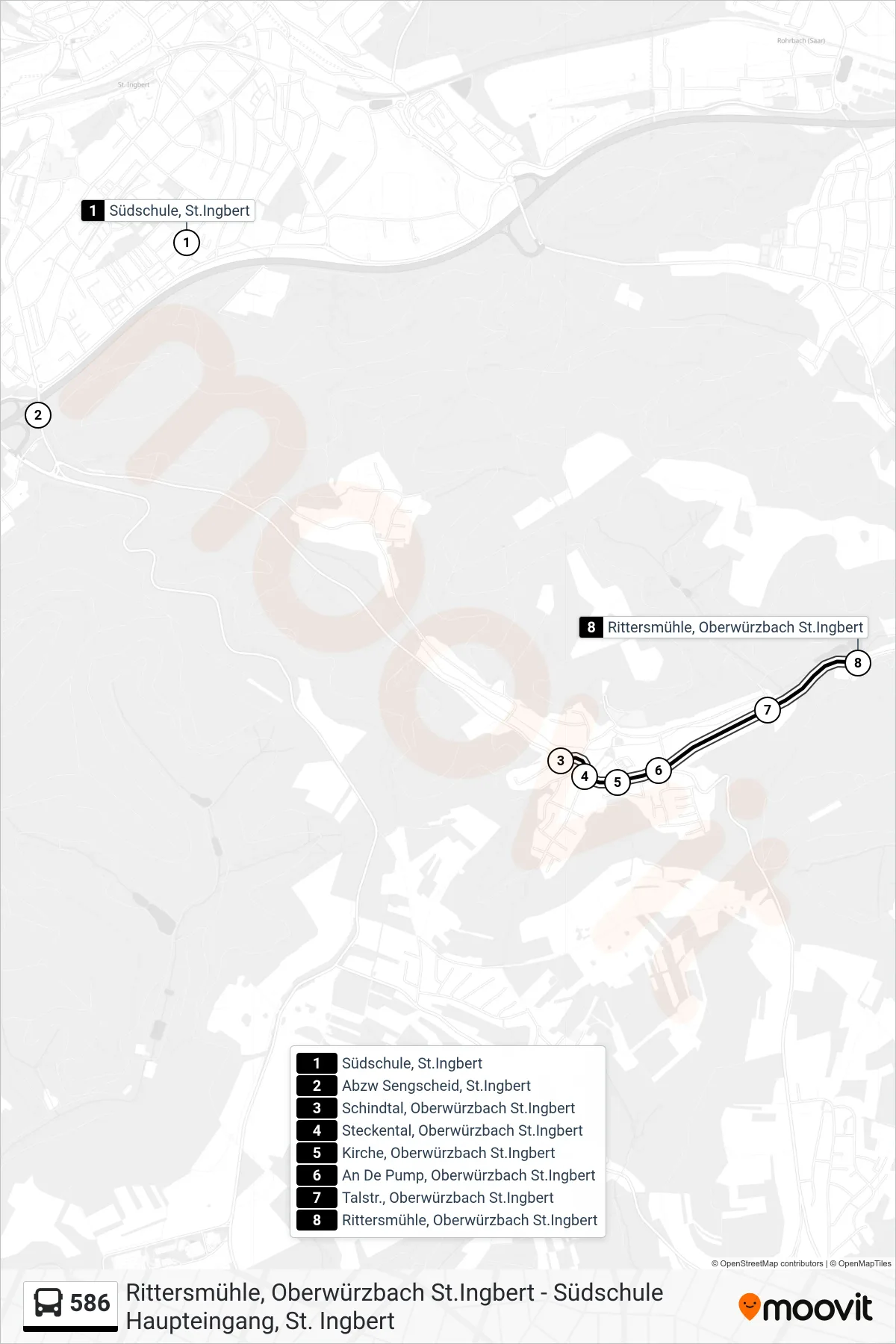 586 bus Line (Rittersmühle Oberwürzbach) route and stops on a map