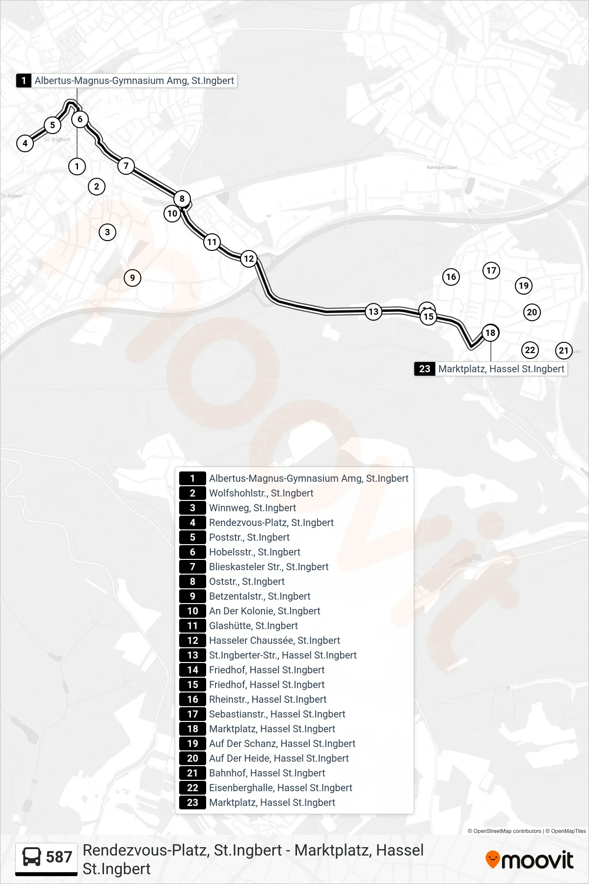 587 bus Line (Hassel Marktplatz) route and stops on a map