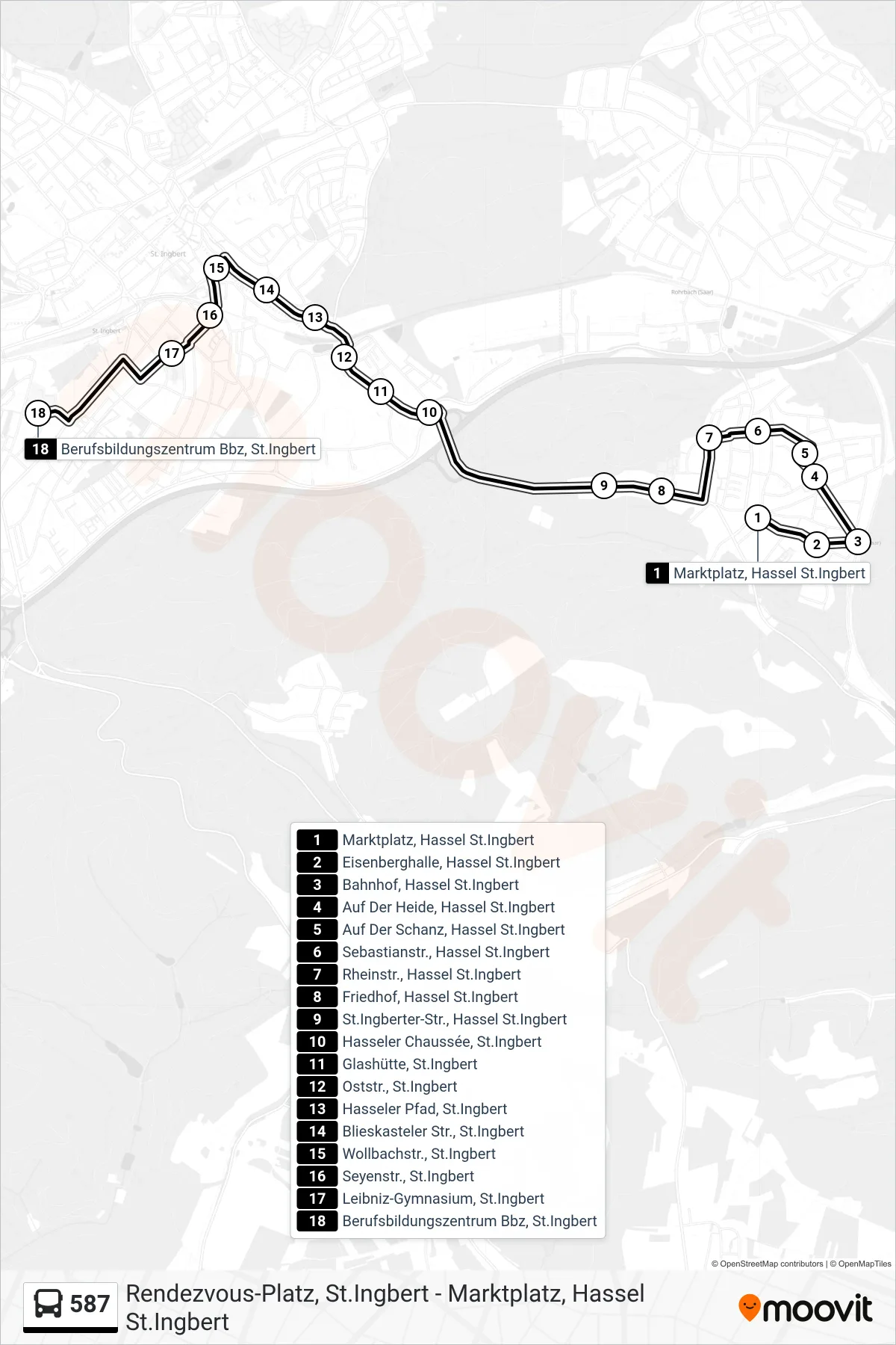 587 bus Line (Bbz Ü. Wollbachstraße) route and stops on a map