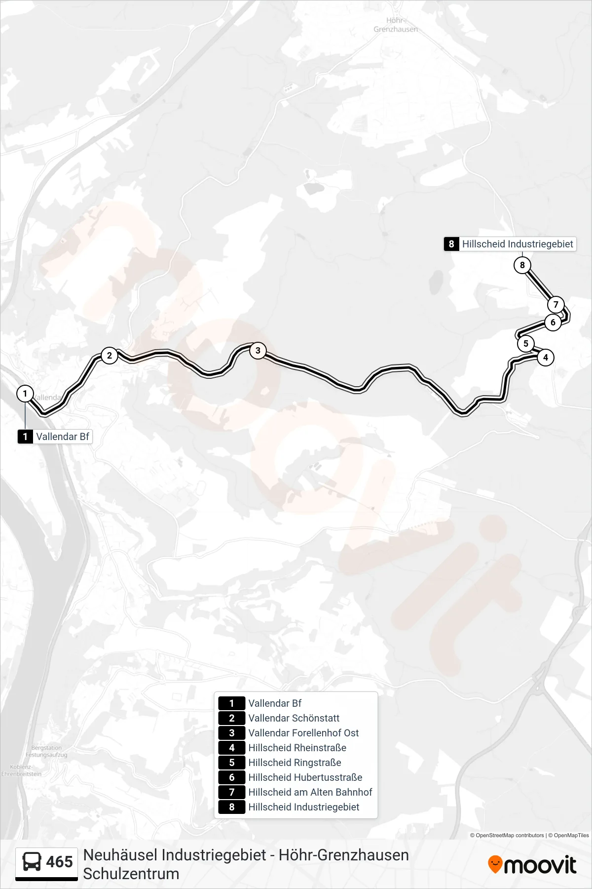 Linie 465 (Bus) Richtung Hillscheid Industriegebiet: Route und Haltestellen auf der Karte
