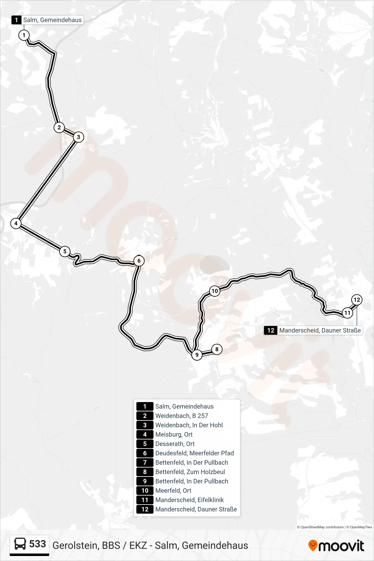 Linie 533 (Bus) Richtung Manderscheid, Dauner Straße: Route und Haltestellen auf der Karte