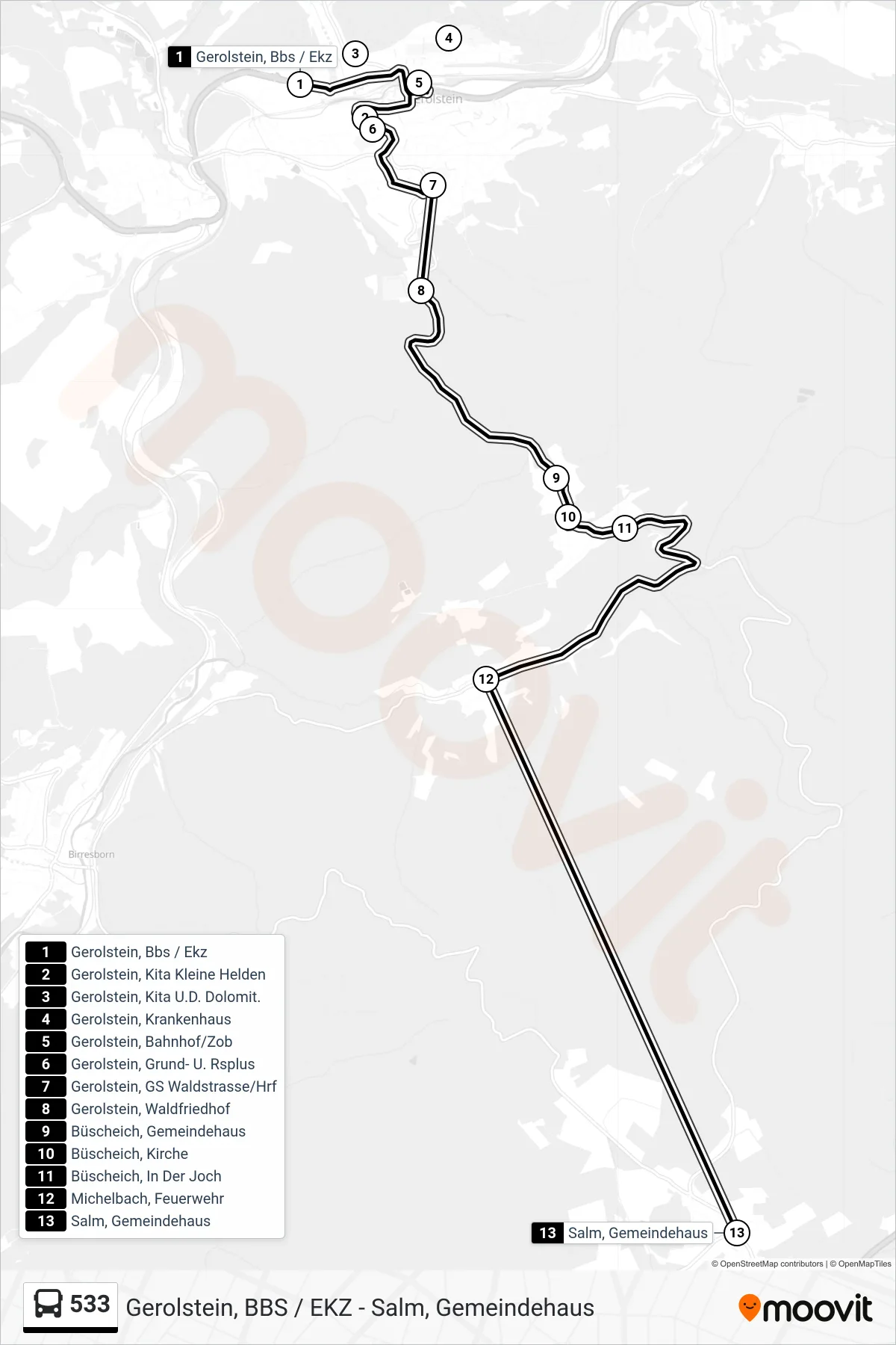 533 bus Line (Salm, Gemeindehaus) route and stops on a map