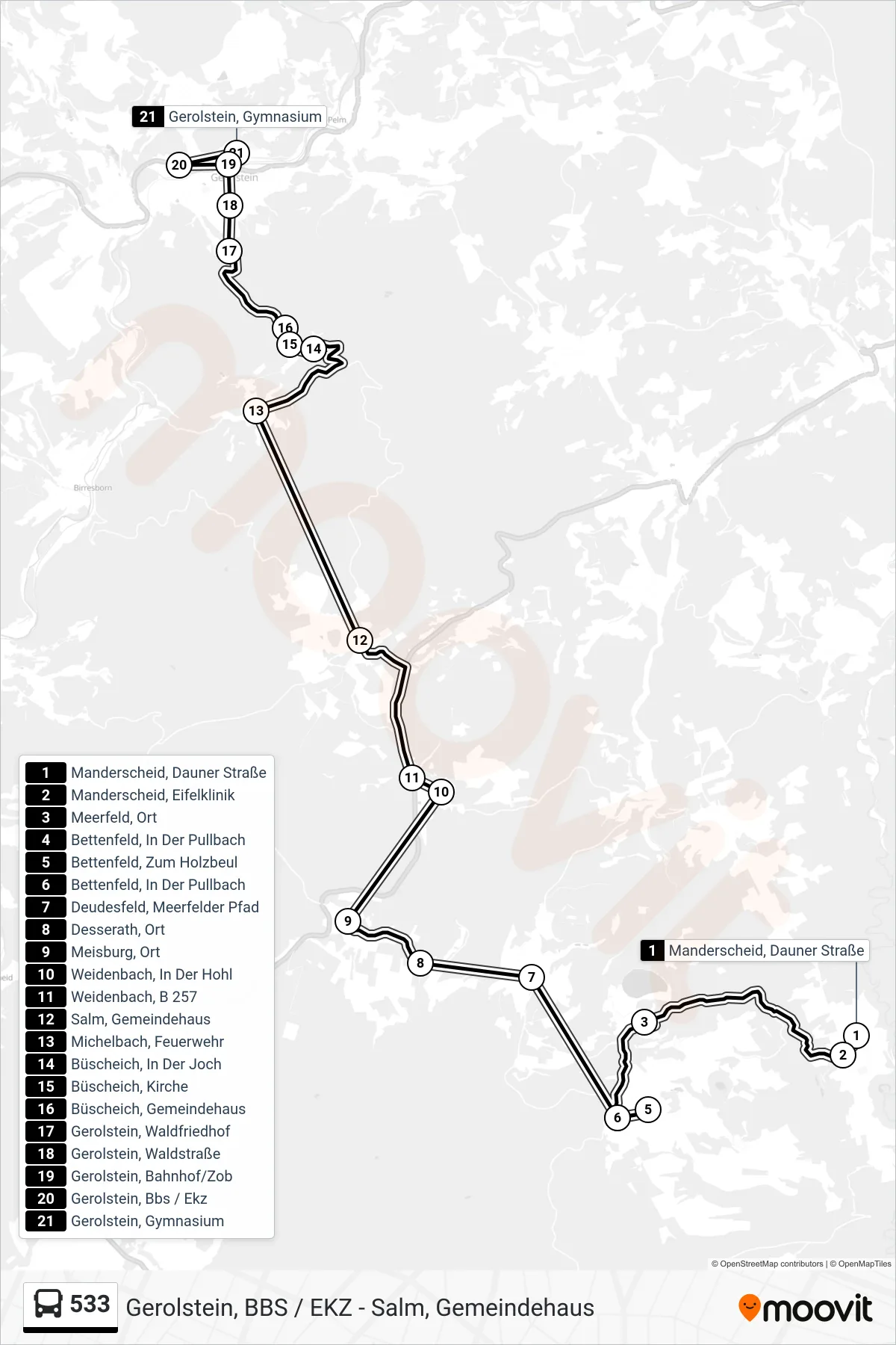 533 bus Line (Gerolstein, Gymnasium) route and stops on a map