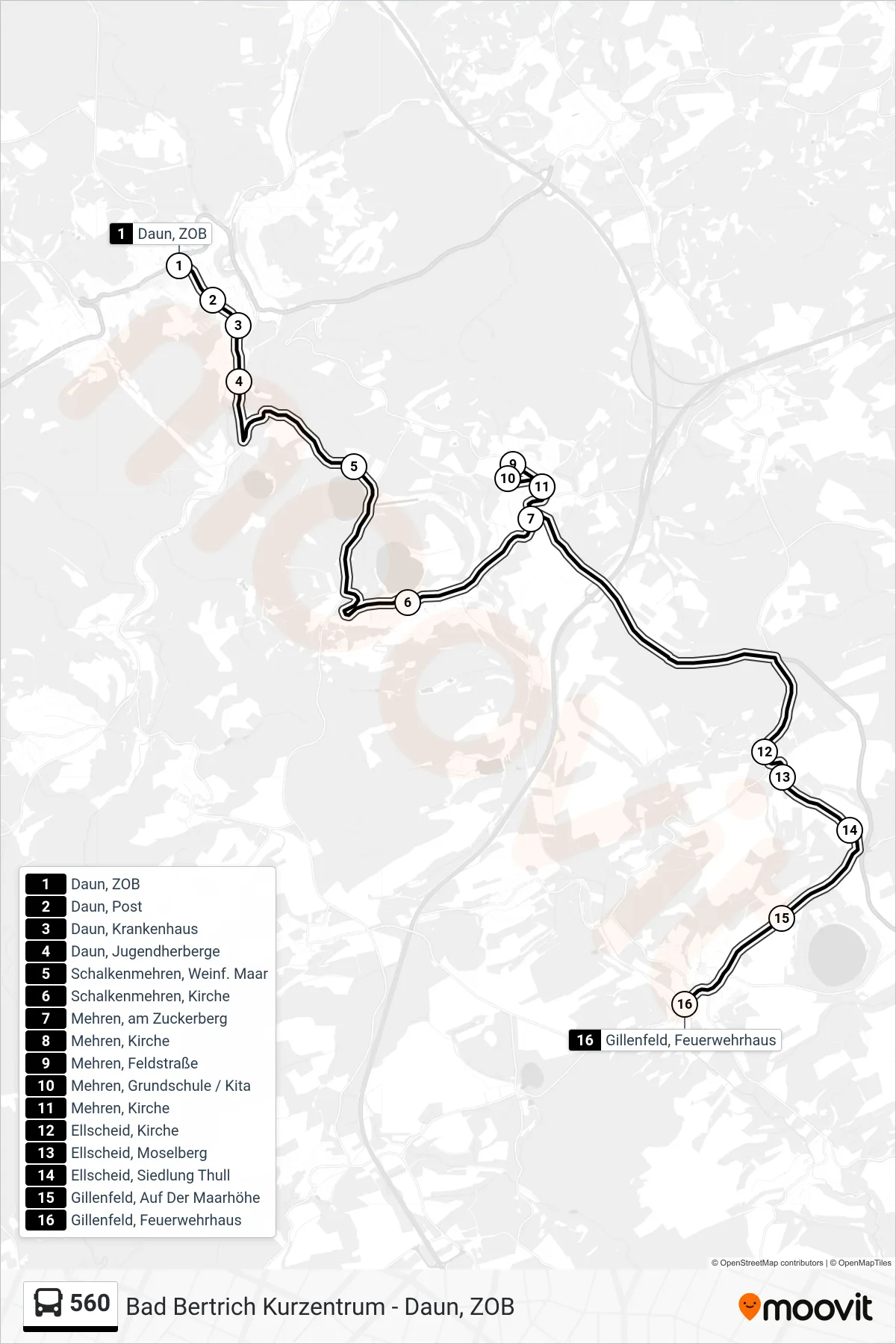 560 bus Line (Gillenfeld, Feuerwehrhaus) route and stops on a map