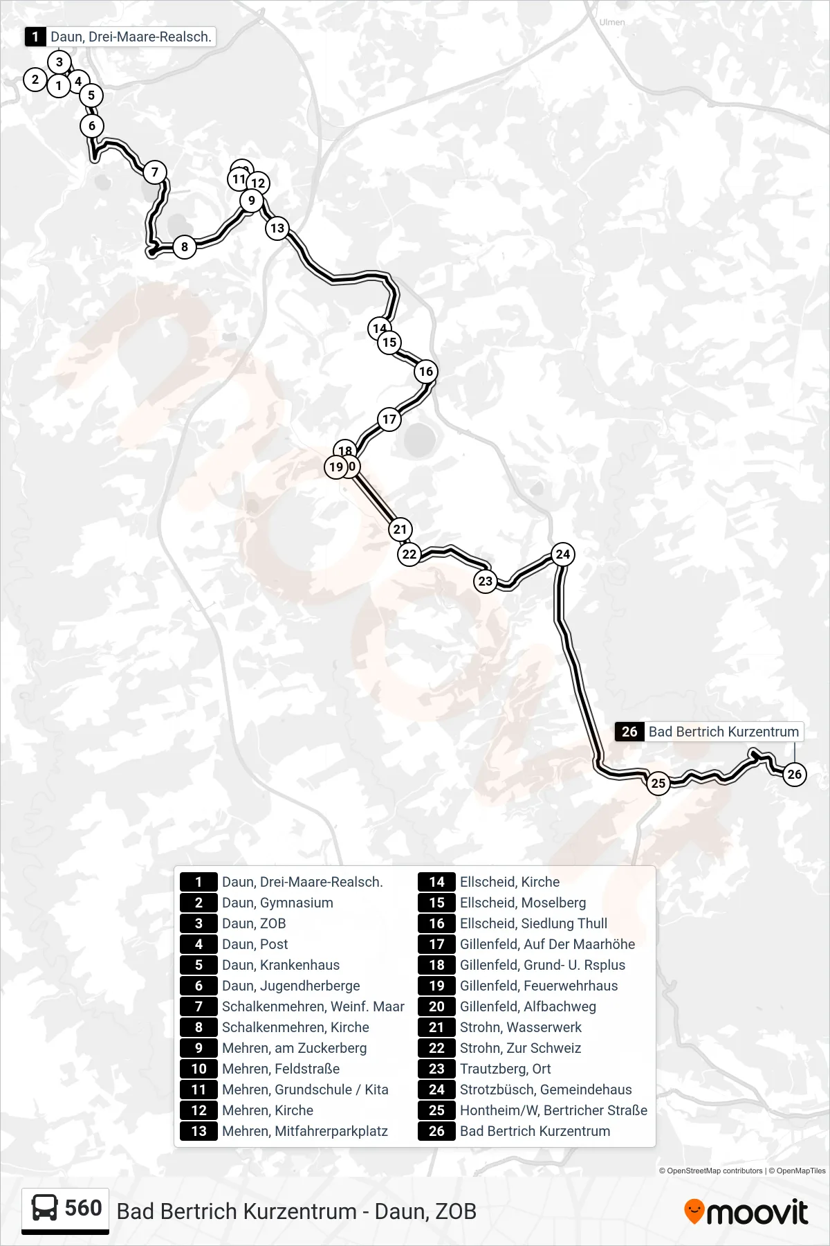 560 bus Line (Bad Bertrich Kurzentrum) route and stops on a map