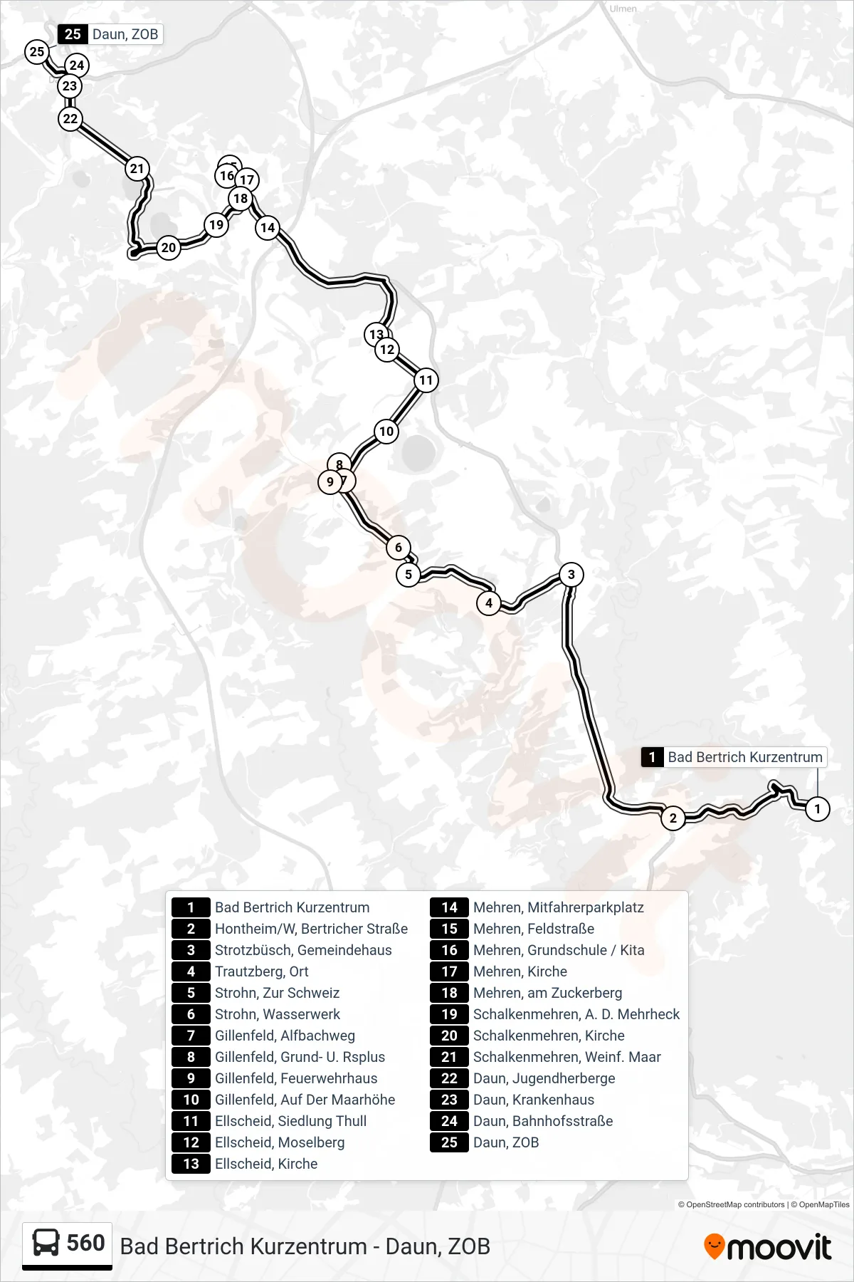 Linie 560 (Bus) Richtung Daun, ZOB: Route und Haltestellen auf der Karte