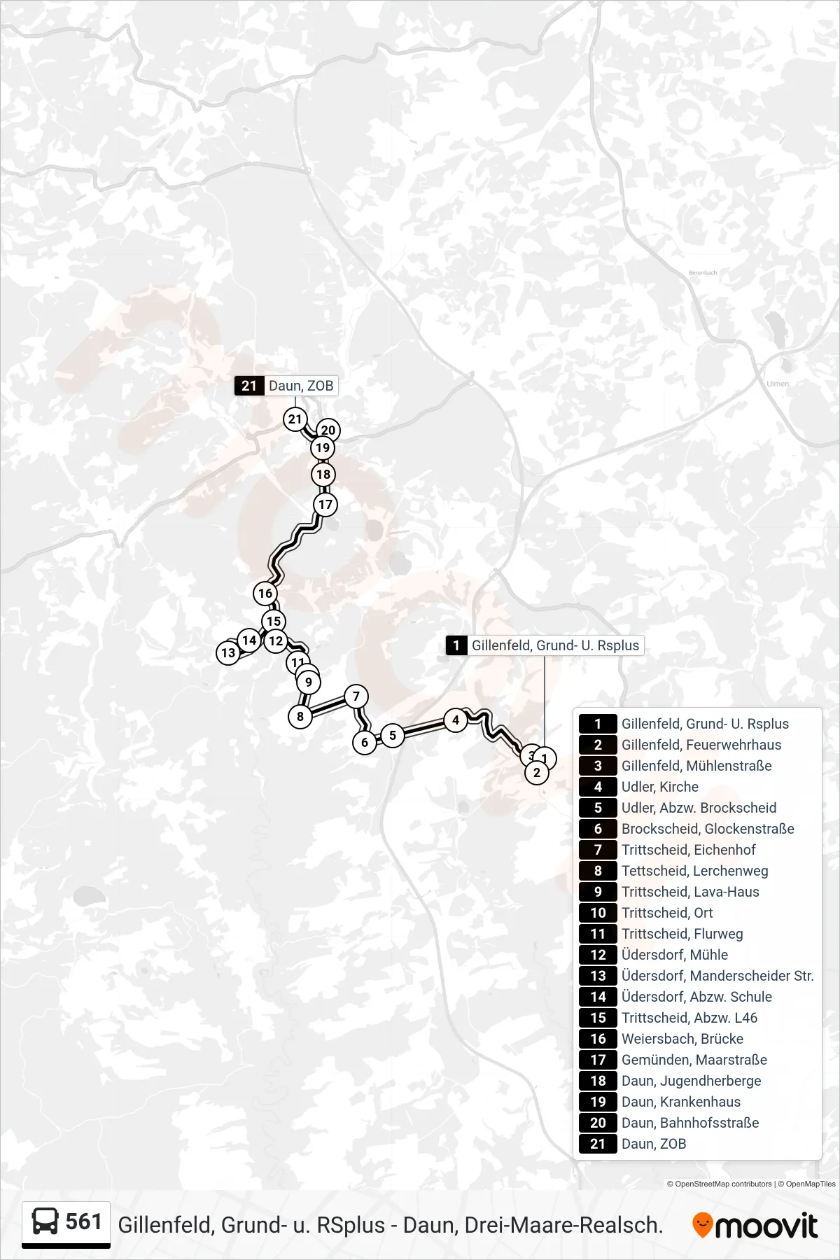 Linie 561 (Bus) Richtung Daun, ZOB: Route und Haltestellen auf der Karte