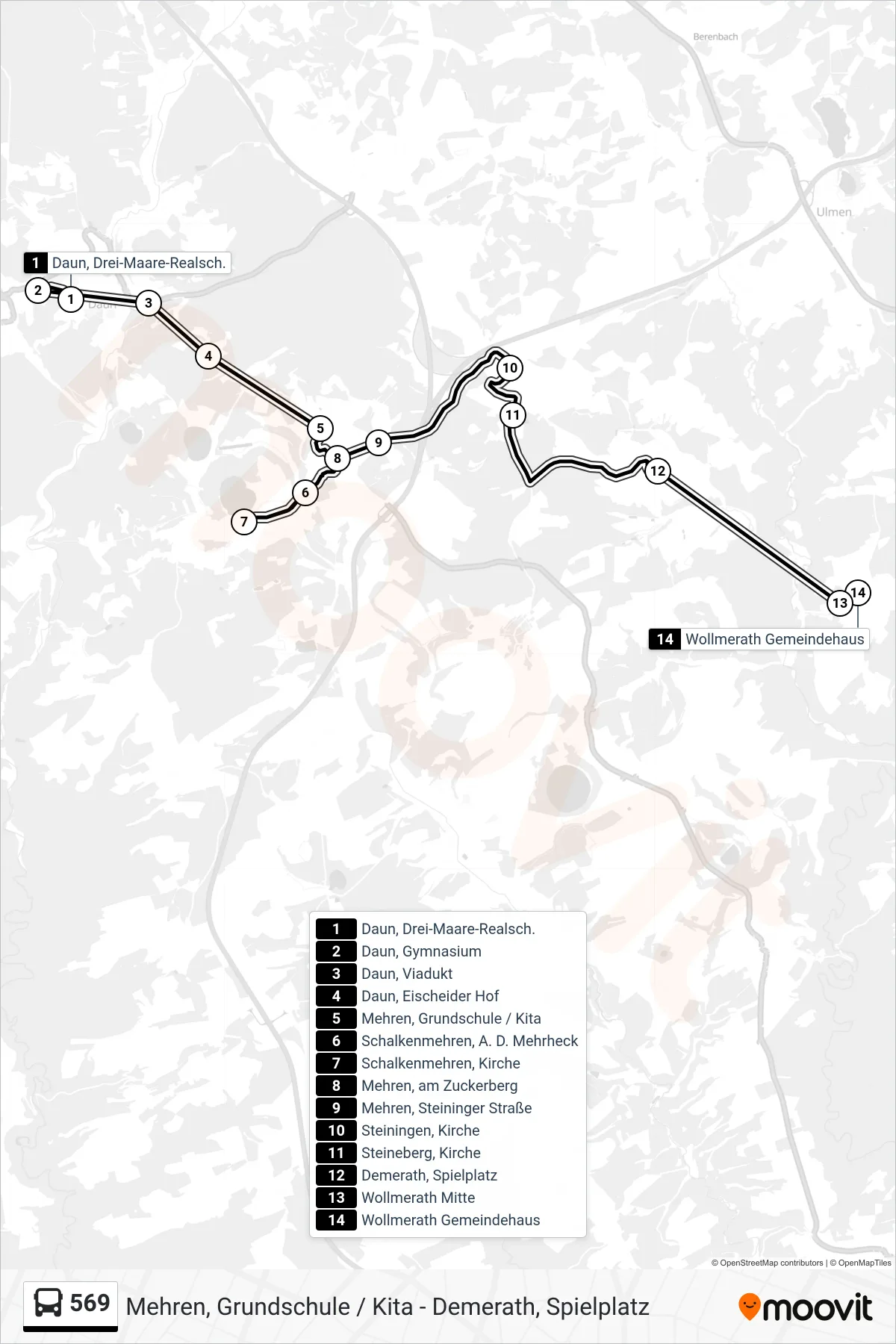 569 bus Line (Wollmerath Gemeindehaus) route and stops on a map