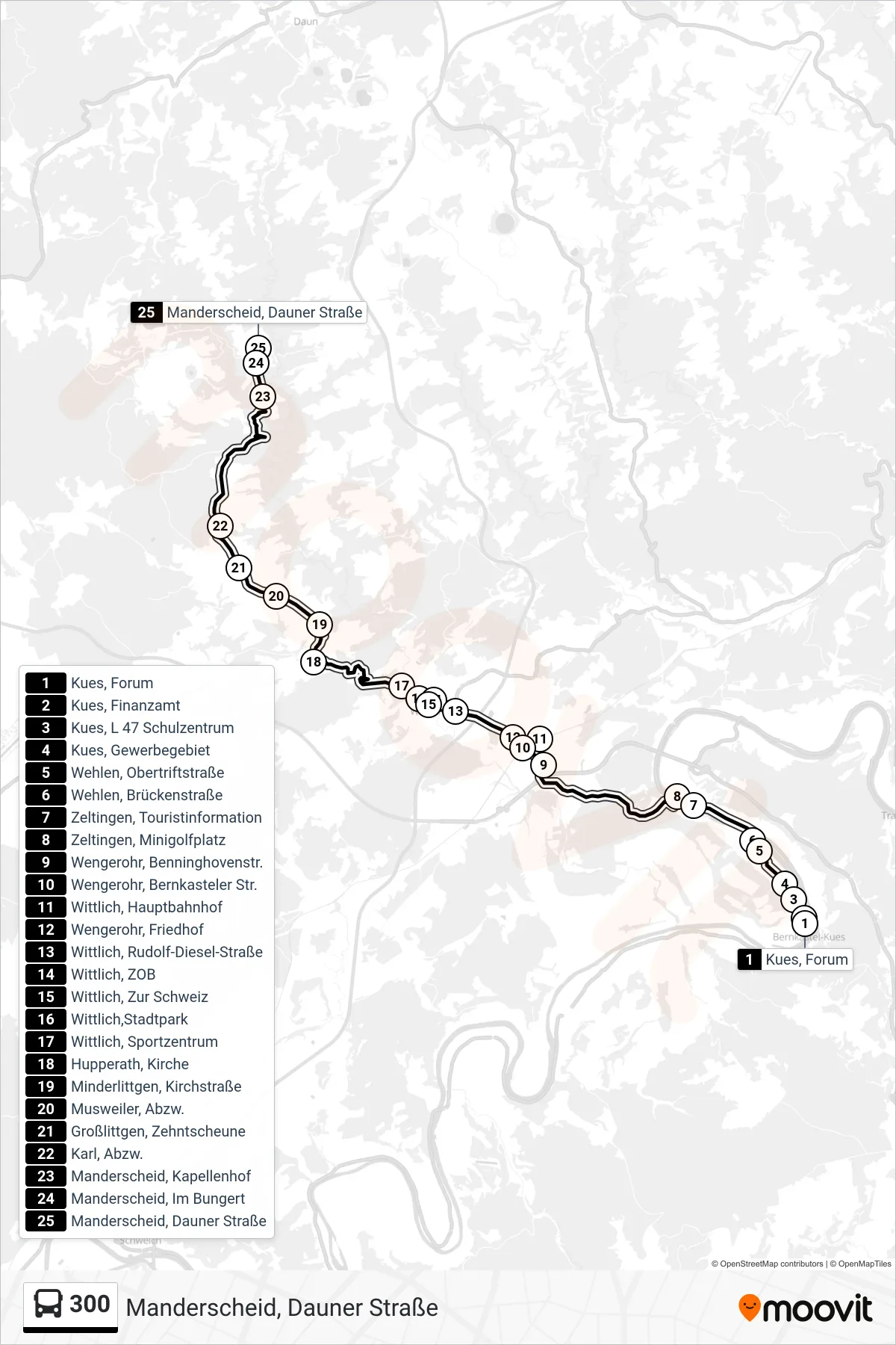 Linie 300 (Tram) Richtung Manderscheid, Dauner Straße: Route und Haltestellen auf der Karte