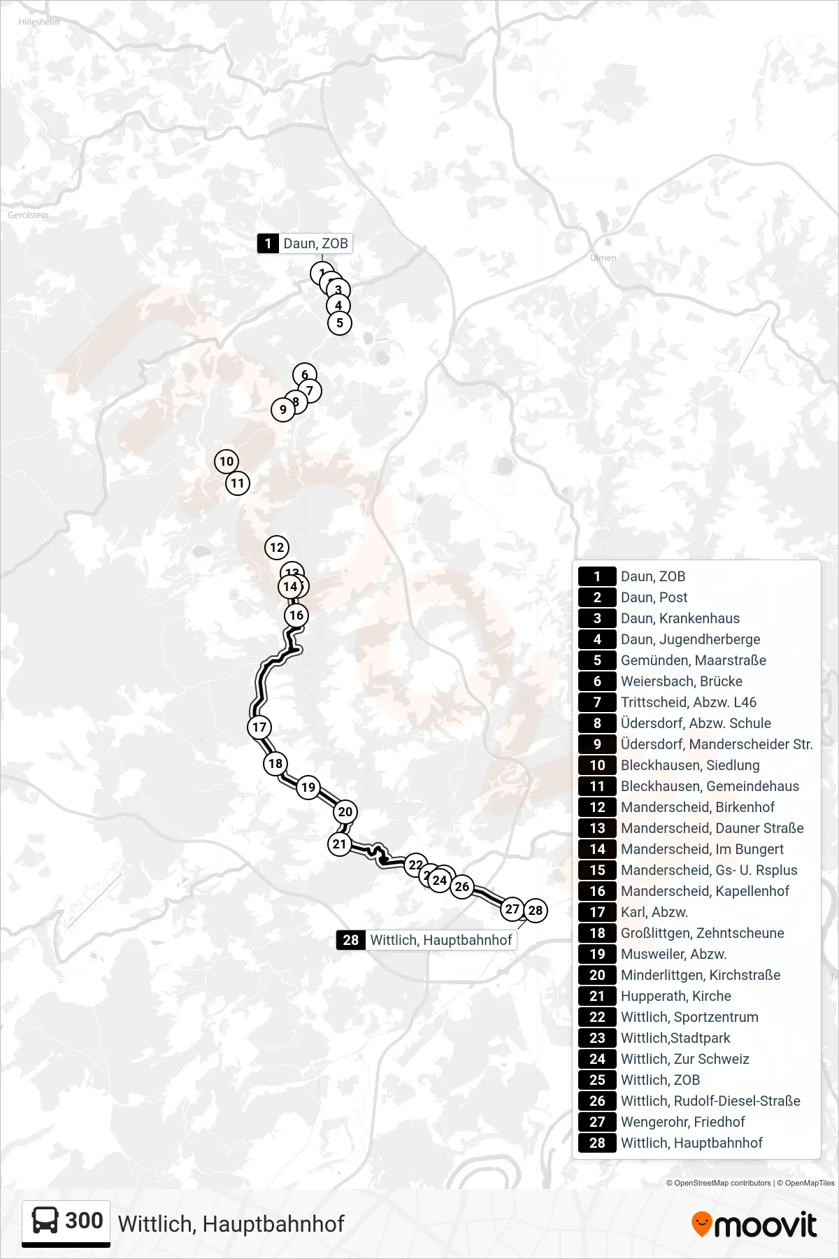 300 tram Line (Wittlich, Hauptbahnhof) route and stops on a map