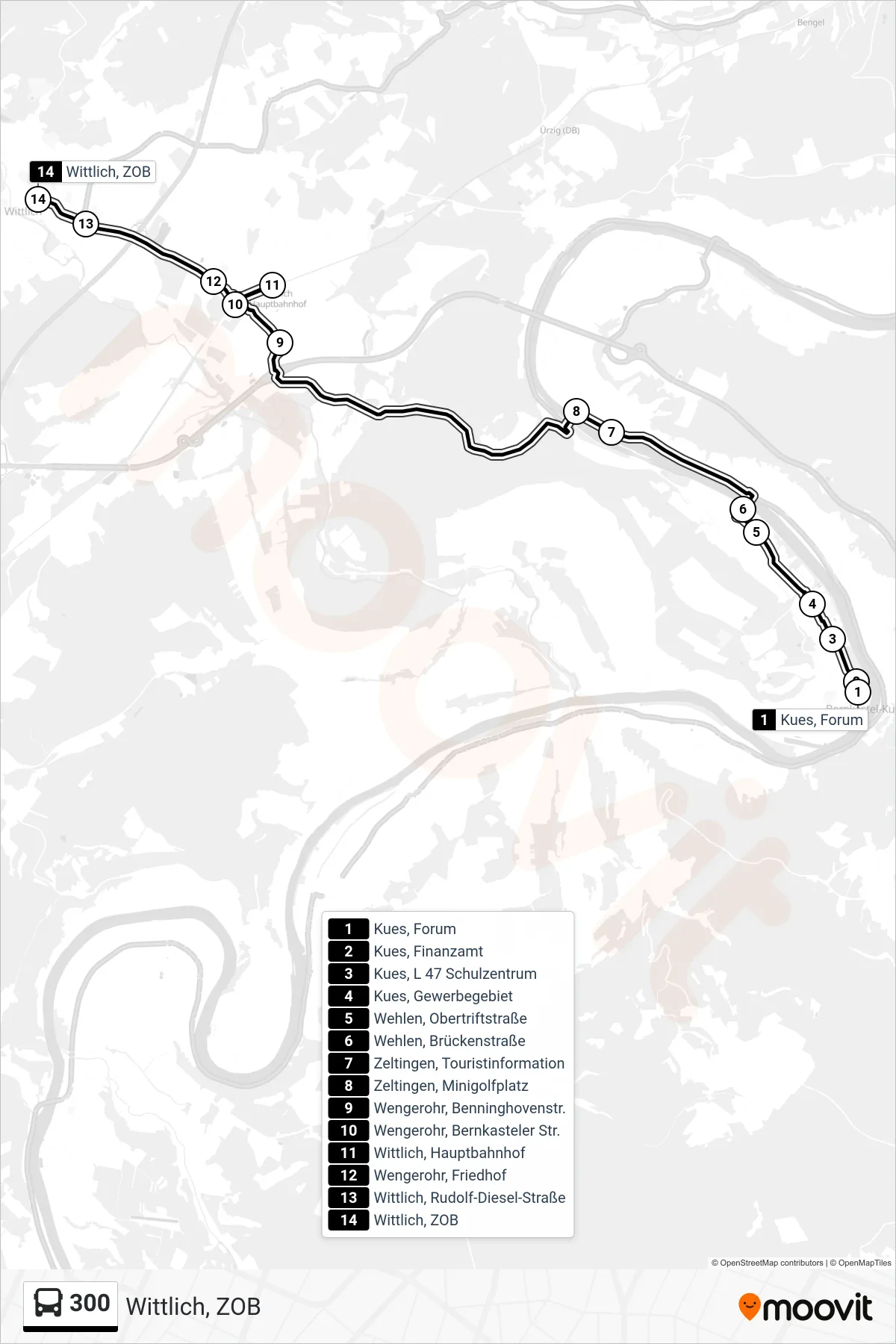 300 tram Line (Wittlich, ZOB) route and stops on a map