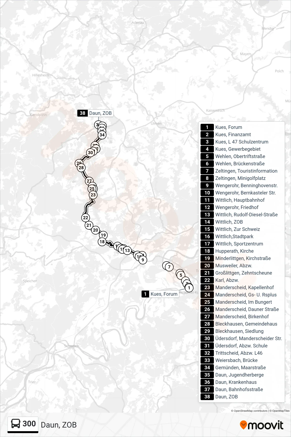 300 tram Line (Daun, ZOB) route and stops on a map