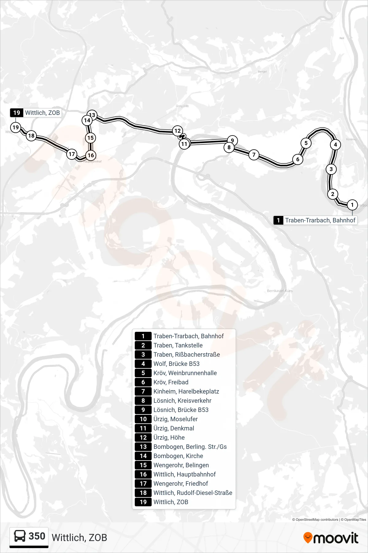 350 tram Line (Wittlich, ZOB) route and stops on a map