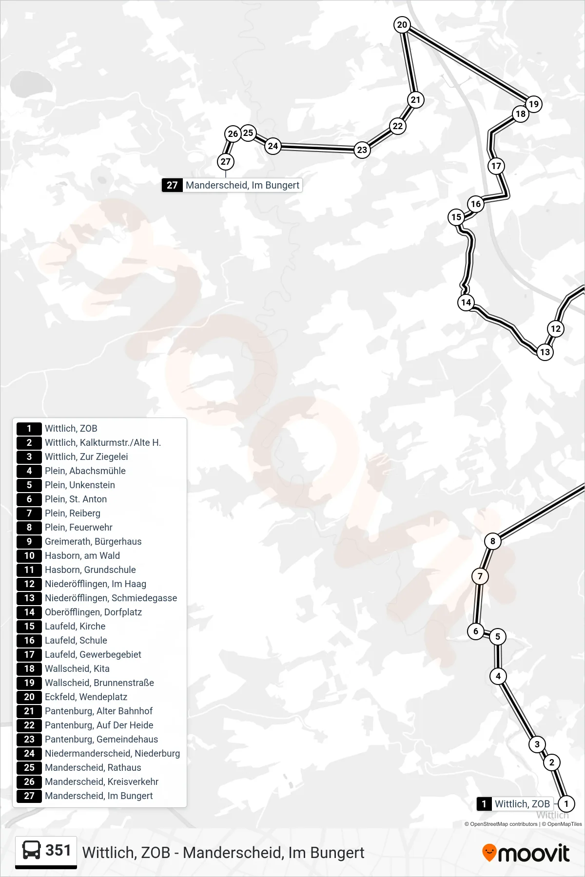 351 tram Line (Manderscheid, Im Bungert) route and stops on a map